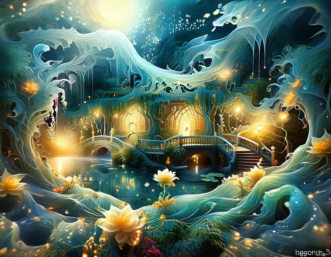 A dreamlike scene where the palace and garden are formed by Mandelbrot's fractal patterns, creating a mesmerizing and infinitely detailed landscape.