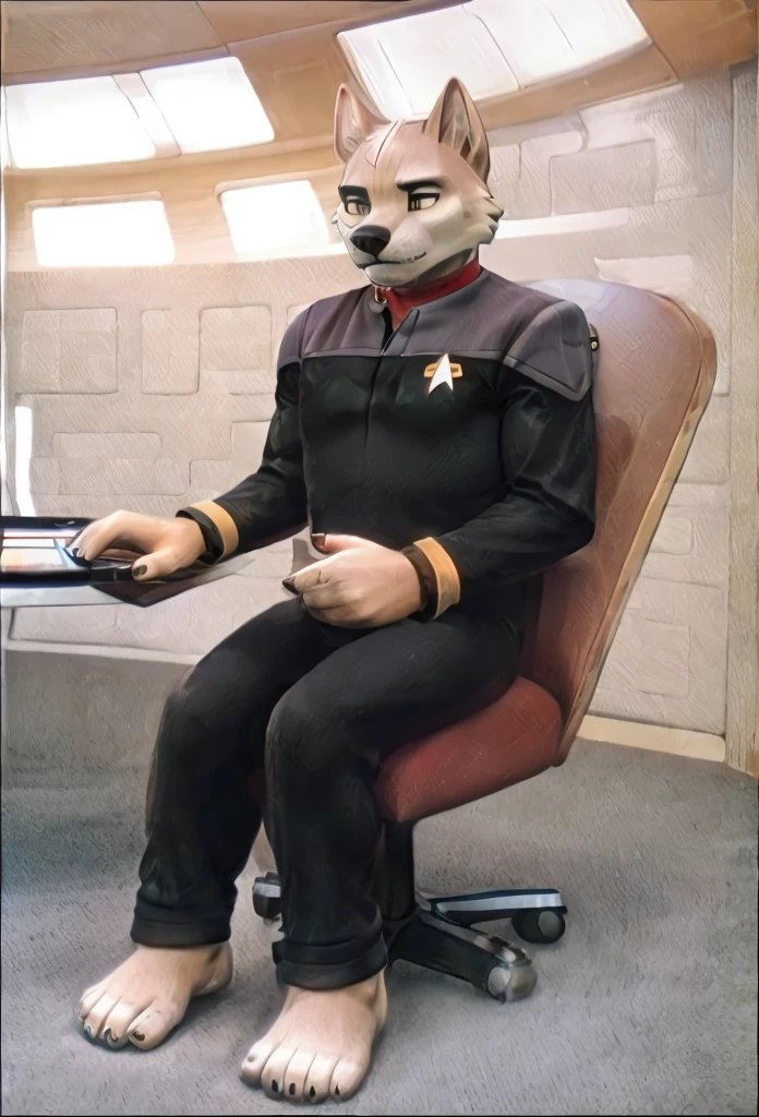 (((Barefoot furry character, full body, cinematic setting, furry male, plantigrade)))
(((Bolt))) (anthro dog with white fur, very cute and young looking face, big black snout), exudes confidence and authority as he sits in the captain's chair, and his (((Star Trek DS9 uniform))) with the Starfleet Delta badge on his chest is a perfect match for his muscular figure. Handsome clawed feet paws dominate the bridge of the star ship and its crew. (((black and grey ds9st uniform with red collar))). ((Bridge of Star Trek starship with many screens and consoles as background)), futuristic look, metalic. anatomically correct, Long black pants, black shirt with gray shoulders, red collar.
BREAK, intricate details, highly detailed, extreme detail, octane render, fine art, best quality, highres, (detailed face:1.5), ((full_body)), UHD, (((perfect hands))), low light
