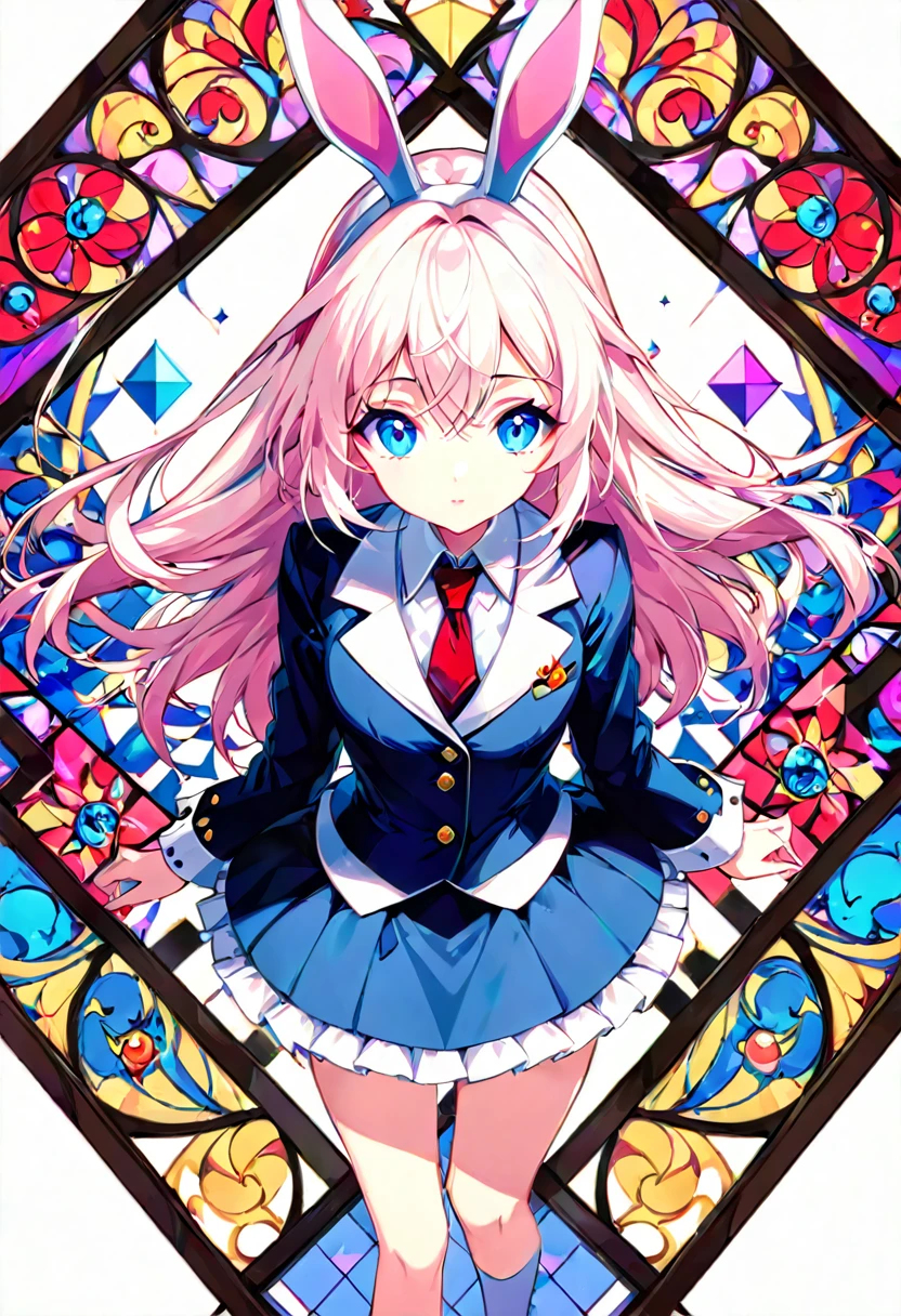Masterpiece, medieval times, mystical, Alice in Wonderland, 1girl, Rabbit in a suit, Sil Off from Isometric Anime, stain glass, On White Background, Geometric composition,