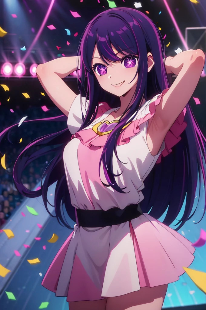 (masterpiece:1.3), (best quality:1.1), (8k, ultra detailed, ultra high res:1.2), ((anime style)), perfect 5 fingers, perfect anatomy, 
1girl,
Hoshino Ai,  
BREAK long hair, 
black hair,  
(purple eyes:1.5), star-shaped pupils, 
(medium breasts:0.9),  
BREAK idol costume, pink costume, (smile:1.5), 
looking at viewer, 
cowboy shot, dynamic pose, arms behind head, 
indoor, (idol concert, spotlight, colorful lights, confetti:1.5), 
