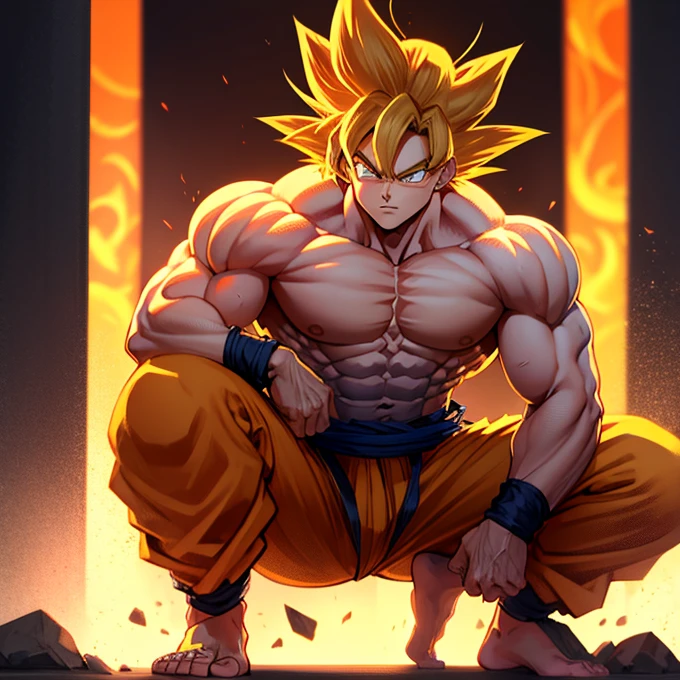 (A detailed drawing of goku, Bodybuilding-Fitnessstudio.),Anime picture, With bare upper body, tearing clothes, the strongest of all, huge muscular body, Big Bizeps, large shoulders, Muscle legs,abs, Barefoot, Martial arts, high step, Full body image, Rear view, side chest, crunch, beserk, barefoot, foot souls, toes, muscle hunk 