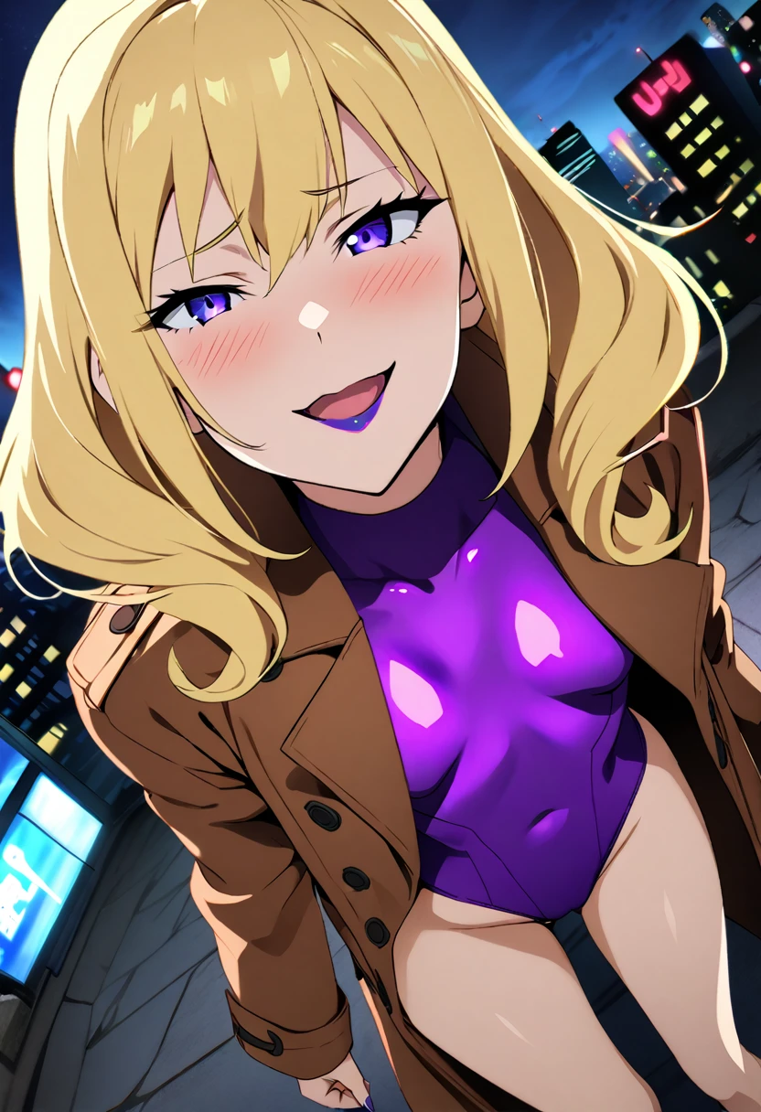ager, 1girl, Blonde hair, Twin drills hair, solo, seductive smile, evil grin, nsfw, Villains, Open mouth, blush,Small breasts, View your audience, latex purple leotard under the trench coat, Open coat, purple lips, Night town, City, skyscraper, Dark, dramatic angle, unique perspective, unique angle, masterpiece, Top animation quality,Top image quality,