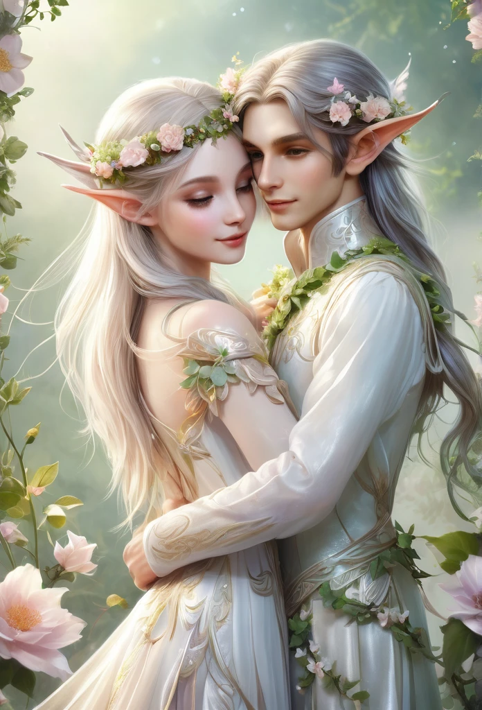 high quality),(refined details),(fantasy illustration),a couple of elves hugging each other (boy and girl), ((full body)),delicate long ears, girl's hair adorned with flowers and vines, perfect angelical face, inocente,delicate,light mist background , surrounded by flowers