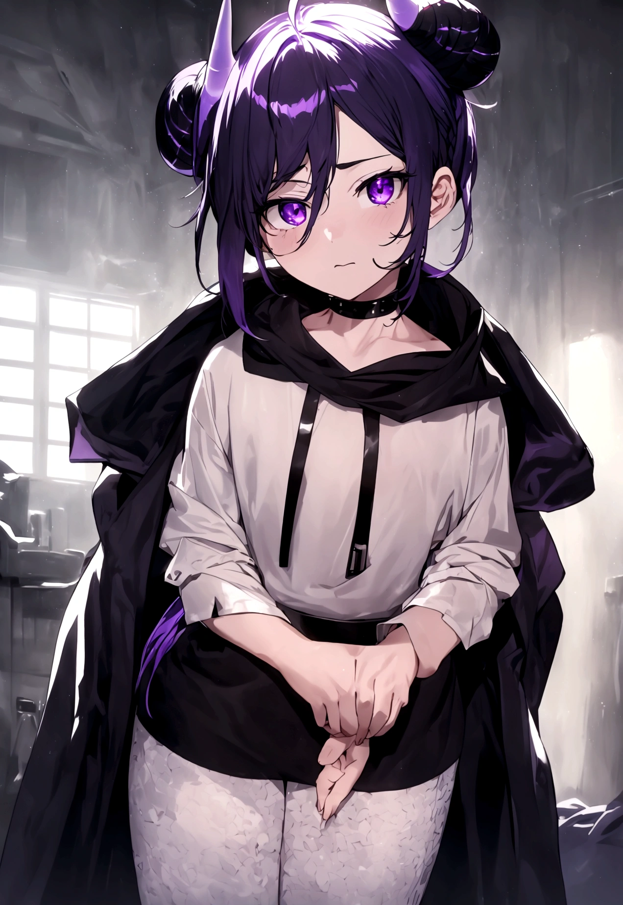 boy. thoughtful look. open forehead. black and purple hair tied in a bun on the left side to one side. sinuous black horns wrapped in dark purple ribbon. pale violet eyes. in short dark purple shorts. long white T-shirt. dark purple knee-high socks. dark purple long cloak with hood. view from the 100th floor of a cozy gray room