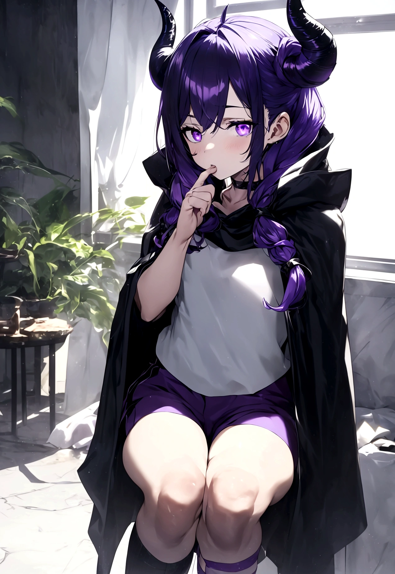 boy. thoughtful look. open forehead. black and purple hair tied in a bun on the left side to one side. sinuous black horns wrapped in dark purple ribbon. pale violet eyes. in short dark purple shorts. long white T-shirt. dark purple knee-high socks. dark purple long cloak with hood. view from the 100th floor of a cozy gray room