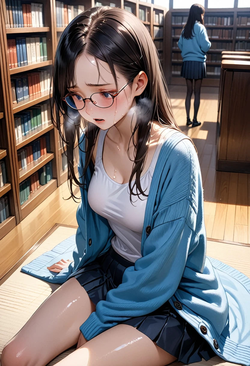 ((masterpiece,Highest quality;1.3,best illustration,realistic)),1woman、独奏,22 year old beauty,((very small head:1.1)),center parted bangs,forehead,black hair,long hair,black eyes,gorgeous eyes,Black-rimmed glasses、tears,Painful,Heavy breathing,medium breasts,((very long body)),((toned body,slender body,skinny)),gleaming skin,shiny skin,oily skin,(oversized blue cardigan,Dark blue pleated mini skirt)、White tank top、sitting,Endure the urge to urinate、Book、library、Tokyo、