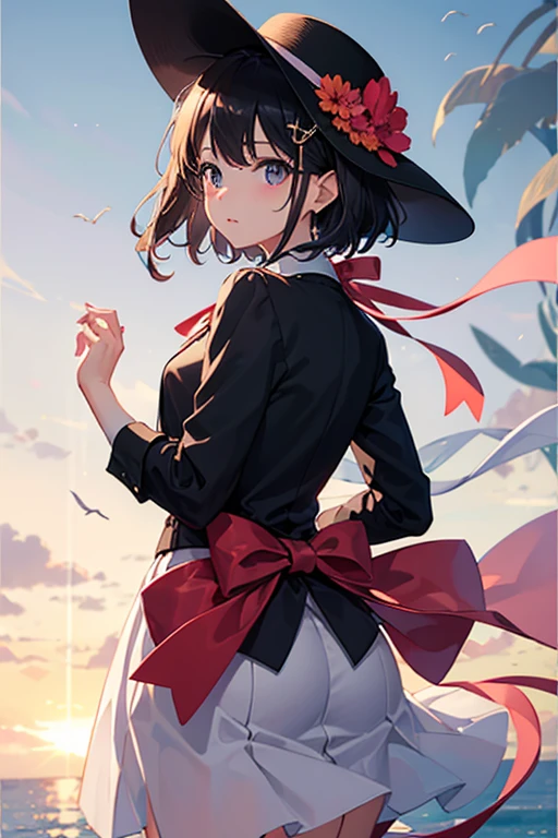 Highest quality、Black Hair、Iris、short hair、girl、cute、16 years old、、Small hair ornament、1 person、luxury passenger ship、one piece、Long skirt、Looking back、The wind is blowing、Her skirt flutters wildly、I can see your underwear、Keep big hats down、