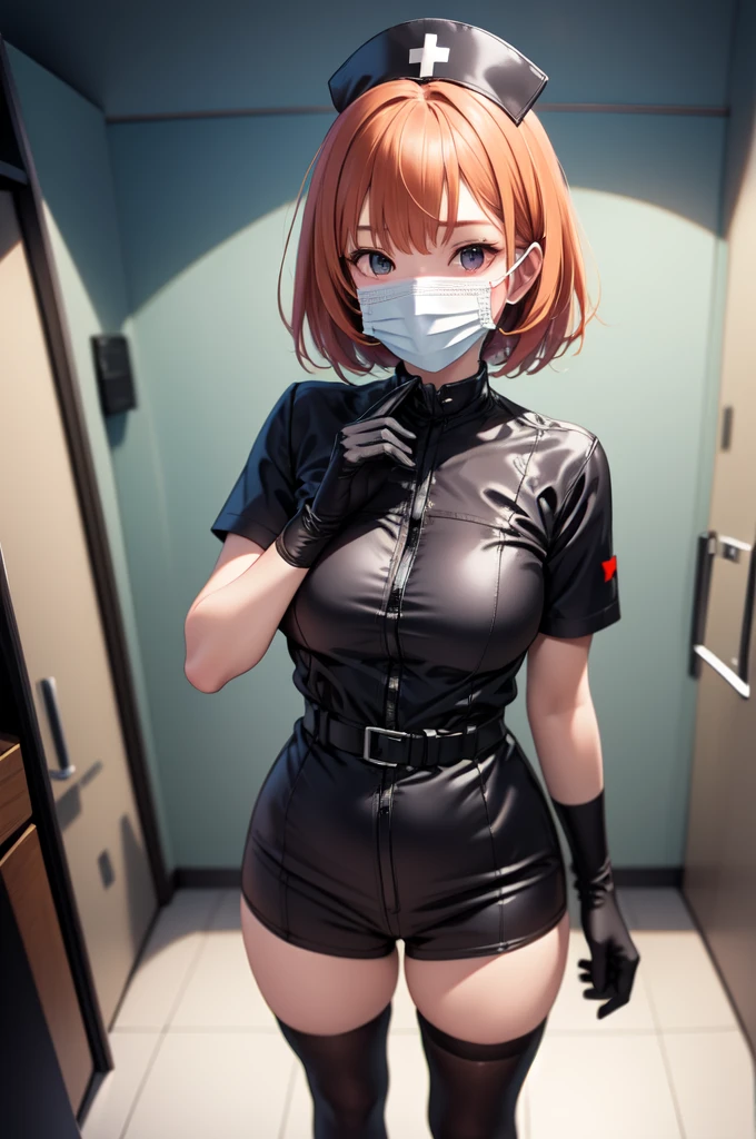 black nurse, 1girl, solo, black nurse cap, black nurse uniform, ((black legwear, zettai ryouiki)), black elbow gloves, very short hair, orange hair, ((black surgical mask, covered nose)), standing, ((surgery room)), sharp outline, short sleeves, tomboy, boyish, best quality, masterpiece