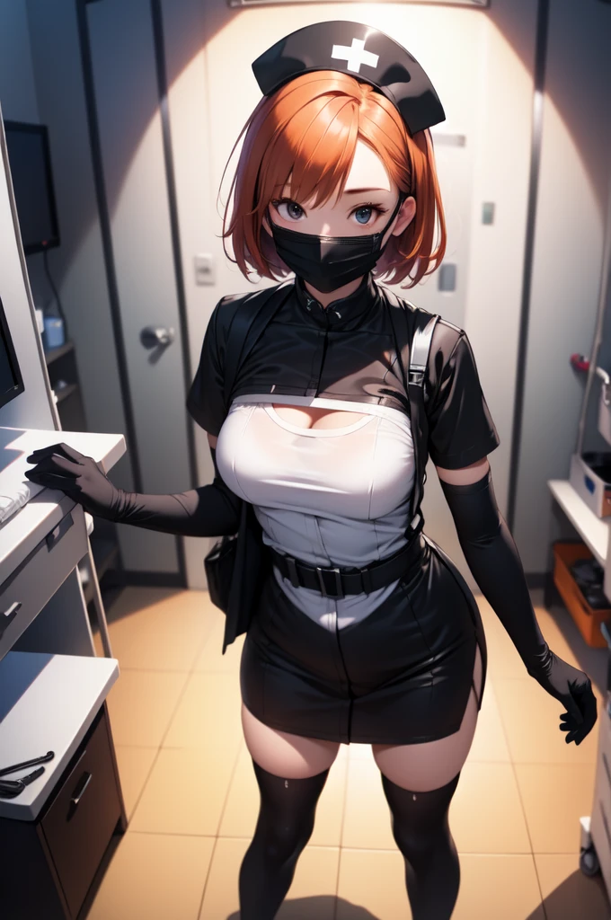 black nurse, 1girl, solo, black nurse cap, black nurse uniform, ((black legwear, zettai ryouiki)), black elbow gloves, very short hair, orange hair, ((black surgical mask, covered nose)), standing, ((surgery room)), sharp outline, short sleeves, tomboy, boyish, best quality, masterpiece