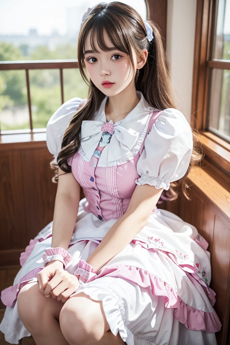 Best Quality，Masterpiece，ultimate resolution，velloso，extremely colorful，showy，big high school girl，long lolita dress， white shoes with socks，closeup of face