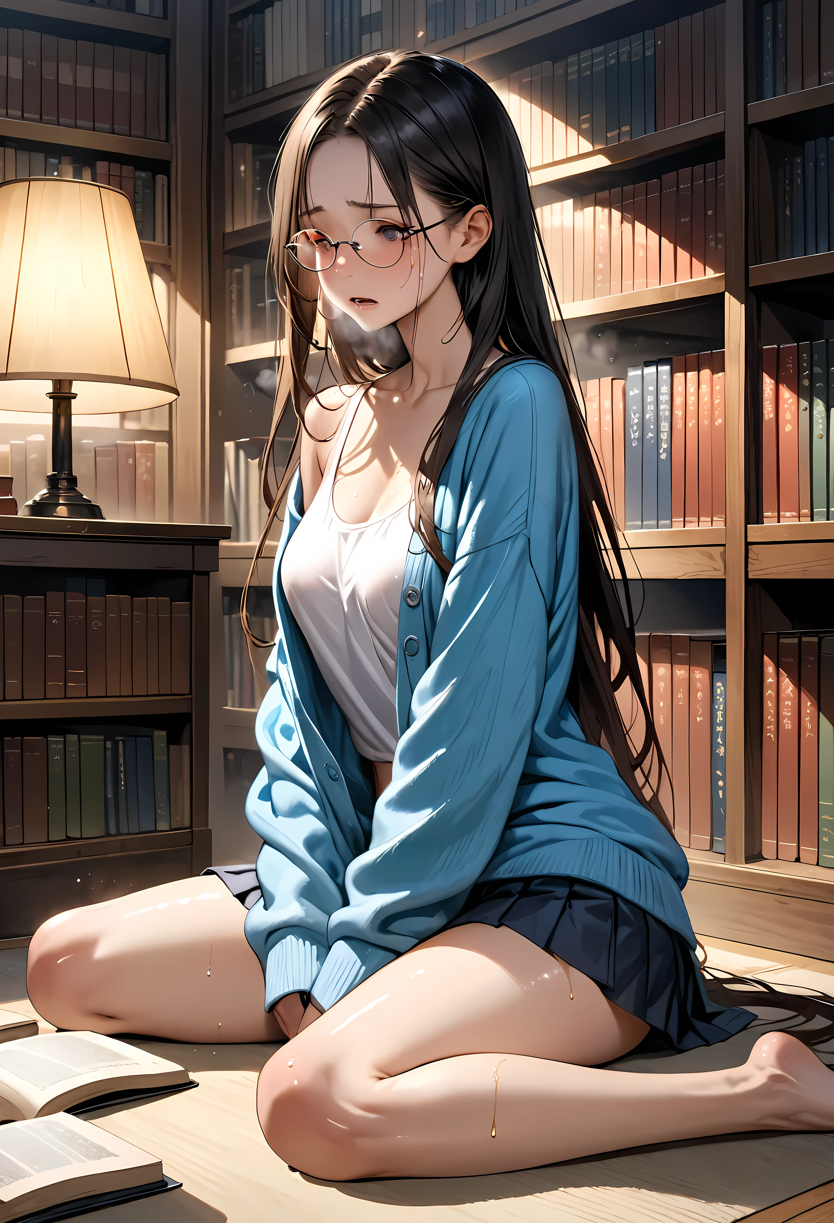 ((masterpiece,Highest quality;1.3,best illustration,realistic)),1woman、solo,22 year old beauty,((very small head:1.1)),center parted bangs,forehead,black hair,long hair,black eyes,gorgeous eyes,Black-rimmed glasses、tears,Painful,Heavy breathing,medium breasts,((very long body)),((toned body,slender body,skinny)),gleaming skin,shiny skin,oily skin,(oversized blue cardigan,Dark blue pleated mini skirt)、White tank top、sitting,Endure the urge to urinate、Book、library、Tokyo、