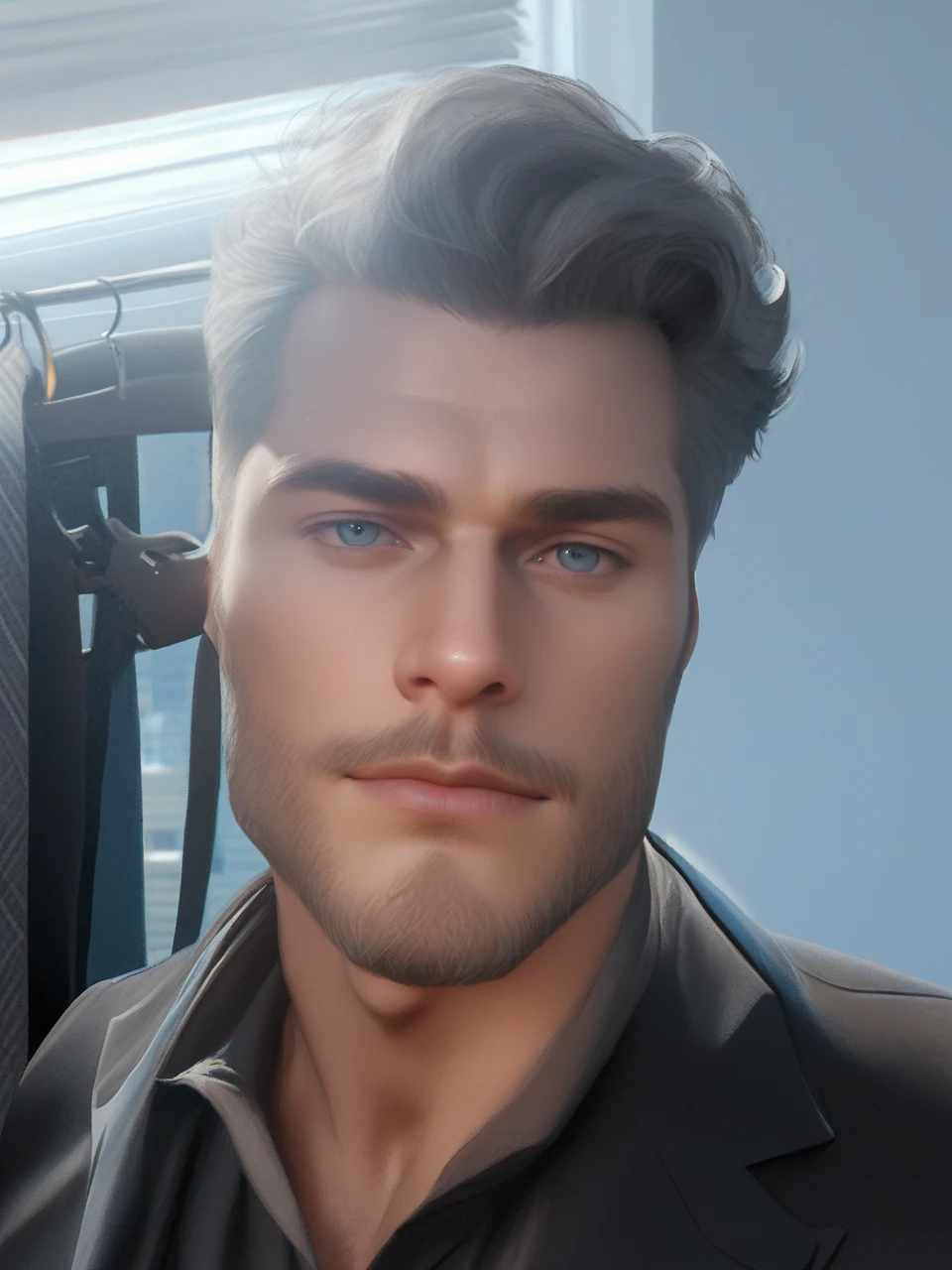 score_9, score_8_up, realistic, a handsome mature man, 45 years old, beard, gray hair, wearing a suit, in the background a luxurious office