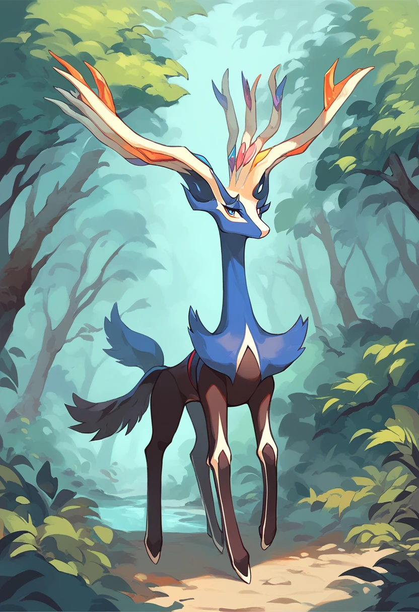 score_9, score_8_up, score_7_up, solo, Xerneas, (close-up), forest, nature, deer, stunning scenery, full body, looking at the viewer