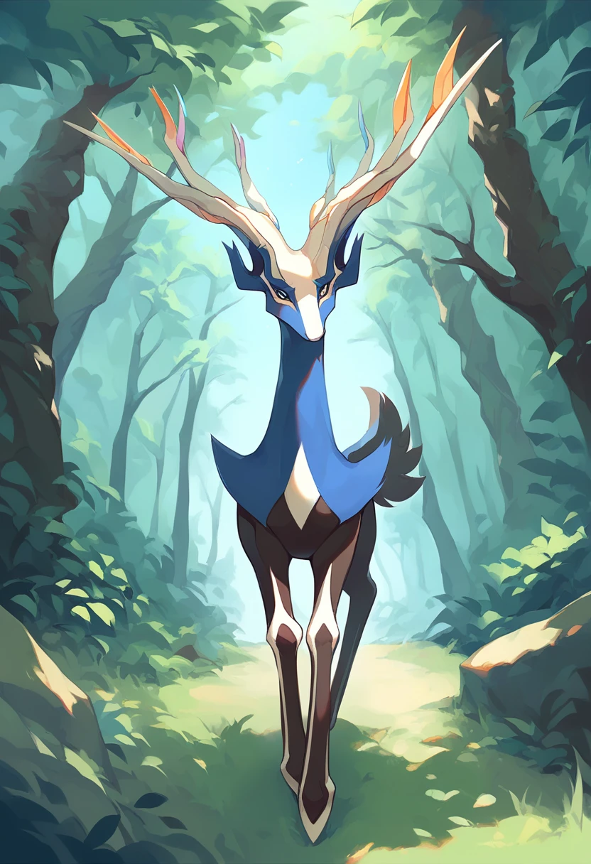score_9, score_8_up, score_7_up, solo, Xerneas, (close-up), forest, nature, deer, stunning scenery, full body, looking at the viewer