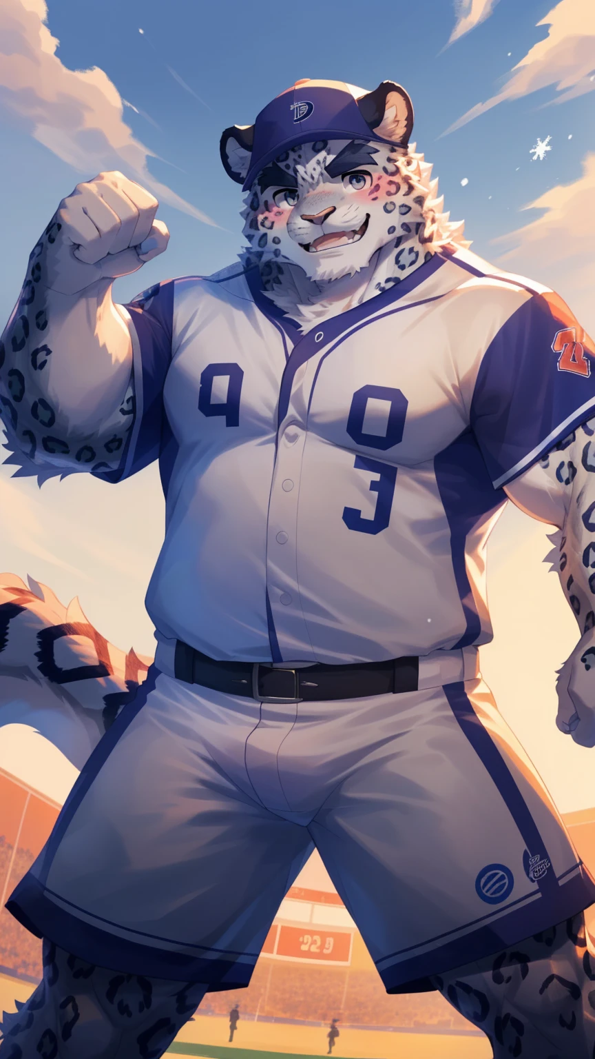 (Imagine:1.5), solitary, anthropology, hairy, hairy male, snow leopard, ((Fluffy fur, Fluffy, hairy body)), (snow leopard print), (Thick eyebrows), youth, muscular, White and big skin, Blue-gray pupils, Detailed teeth, Disfigured face, fund, athlete, Purple gray baseball uniform,  Small bump, Softball Field上, He is playing baseball, Baseball cap, Shy expression, A faint smile, blush, (Dynamic poses:1.5), Clear facial features, Strong, majestic, solitary, panoramic, Fog atmosphere, early morning, Tyndall light effect, Softball Field, (author：Empty Ghost, From snow leopard20, masterpiece, high quality, high resolution,8K)
