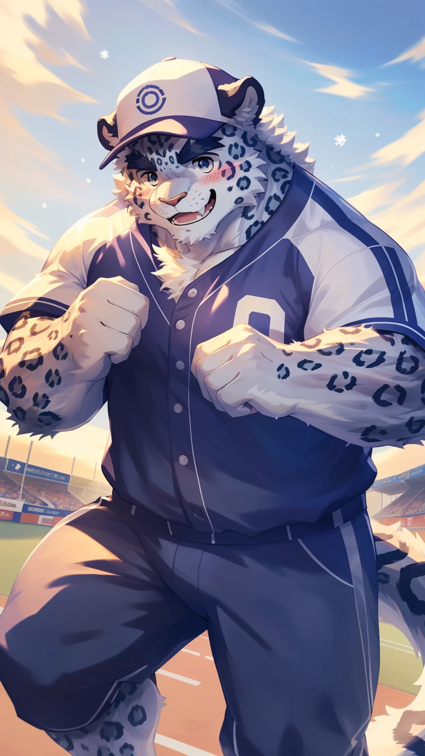 (Imagine:1.5), solitary, anthropology, hairy, hairy male, snow leopard, ((Fluffy fur, Fluffy, hairy body)), (snow leopard print), (Thick eyebrows), youth, muscular, White and big skin, Blue-gray pupils, Detailed teeth, Disfigured face, fund, athlete, Purple gray baseball uniform, Small bump, Softball Field上, He is playing baseball, Baseball cap, Shy expression, A faint smile, blush, (Dynamic poses:1.5), Clear facial features, Strong, majestic, solitary, panoramic, Fog atmosphere, early morning, Tyndall light effect, Softball Field, (author:Empty Ghost, From snow leopard20, masterpiece, high quality, high resolution,8K)