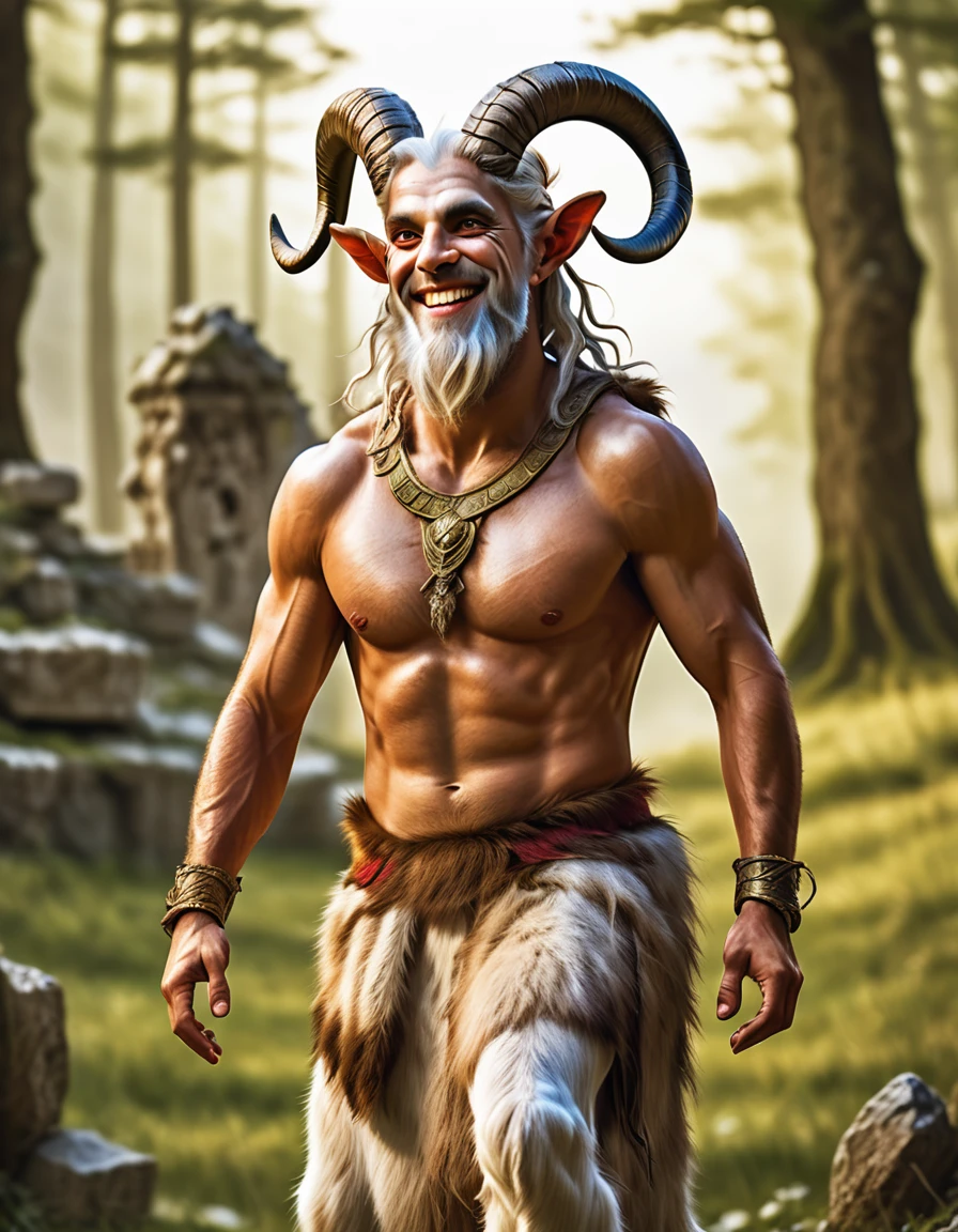a smiling satyr with white hair and beard, wearing a Greek toga, goat's horns and paws, standing before ruins in a forest, slim body, Greek mythology, fauna, bright colors, (best quality,4k,8k,highres,masterpiece:1.2),ultra-detailed,(realistic,photorealistic,photo-realistic:1.37),HDR,UHD,studio lighting,sharp focus,extreme detail description,professional,vivid colors, dnd character art