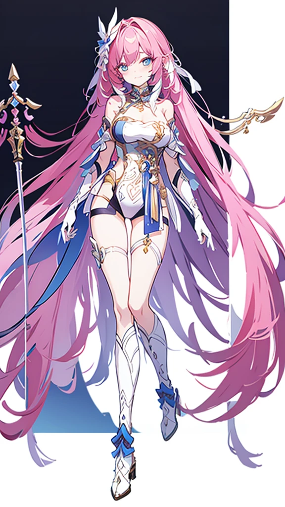 1girl,独奏。elysia,Bare waist,Leg Armor,high-heel boots,Standing,Full body portrait,From the front,Looking at the audience