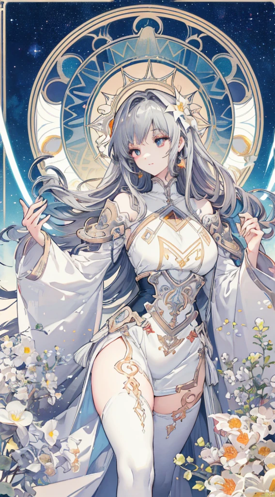 (thick thighs), (Curvy), Sexy, (Gray Hair), (Orange Eyes,) (Glowing Eyes,) 1 girl, Pale Skin, (Two-Tone Eyes), Eyelashes, Smile, Gleaming Skin, Shiny Hair, Long Hair, looking at you, anime, beautiful anime eyes, beautiful detailed eyes, eyes, glittering eyes, (Neon),(White Fencing Outfit, Detailed Outfit), Angelic, Halo, Flowers, (Galaxy, cloud, Starry, stars,colorful), (Sleepy Eye), Decorative panels， abstract artistic， Alphonse Mucha （masterpiece， best quality， A detailed， Complicated details， 4K， Color splattering， Line art， Fibonacci， （tarot cards），Cards, Slim card border