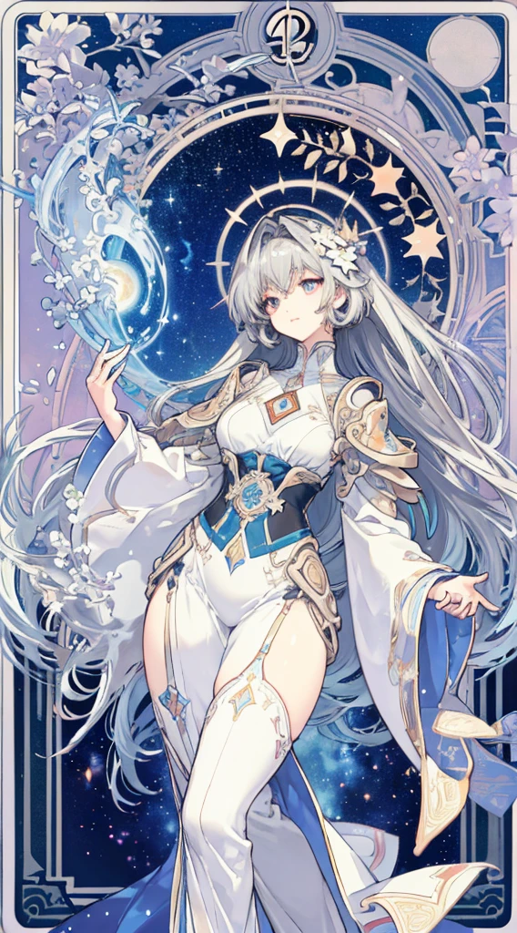 (thick thighs), (Curvy), Sexy, (Gray Hair), (Orange Eyes,) (Glowing Eyes,) 1 girl, Pale Skin, (Two-Tone Eyes), Eyelashes, Smile, Gleaming Skin, Shiny Hair, Long Hair, looking at you, anime, beautiful anime eyes, beautiful detailed eyes, eyes, glittering eyes, (Neon),(White Fencing Outfit, Detailed Outfit), Angelic, Halo, Flowers, (Galaxy, cloud, Starry, stars,colorful), (Sleepy Eye), Decorative panels, abstract artistic, Alphonse Mucha (masterpiece, best quality, A detailed, Complicated details, 4K, Color splattering, Line art, Fibonacci, (tarot cards),Cards, Slim card border