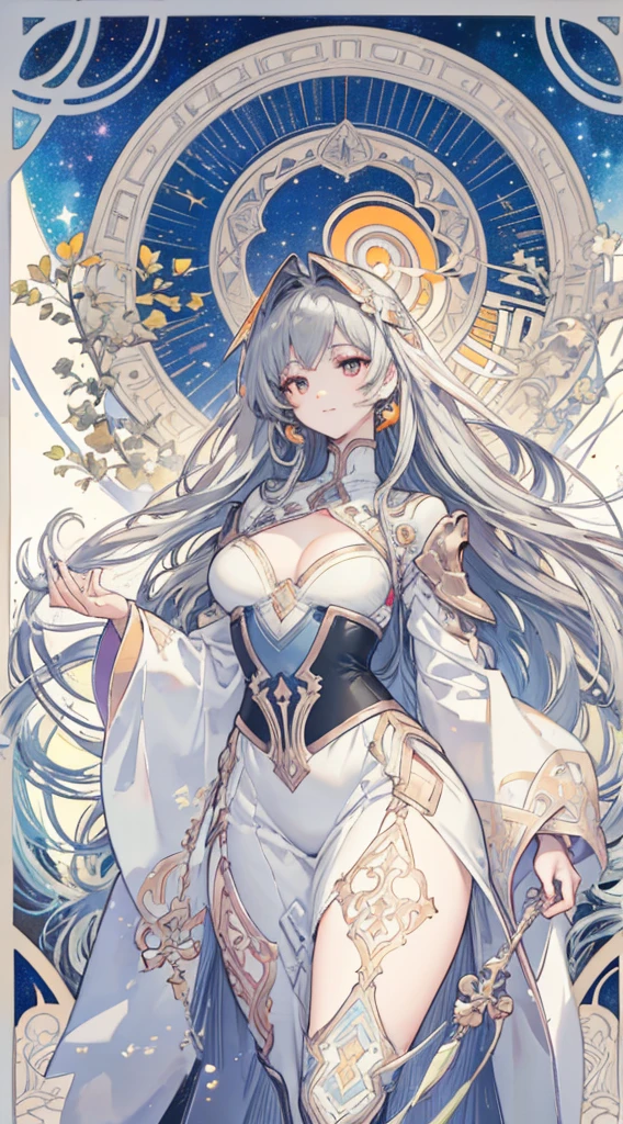 (thick thighs), (Curvy), Sexy, (Gray Hair), (Orange Eyes,) (Glowing Eyes,) 1 girl, Pale Skin, (Two-Tone Eyes), Eyelashes, Smile, Gleaming Skin, Shiny Hair, Long Hair, looking at you, anime, beautiful anime eyes, beautiful detailed eyes, eyes, glittering eyes, (Neon),(White Fencing Outfit, Detailed Outfit), Angelic, Halo, Flowers, (Galaxy, cloud, Starry, stars,colorful), (Sleepy Eye), Decorative panels， abstract artistic， Alphonse Mucha （masterpiece， best quality， A detailed， Complicated details， 4K， Color splattering， Line art， Fibonacci， （tarot cards），Cards, Slim card border