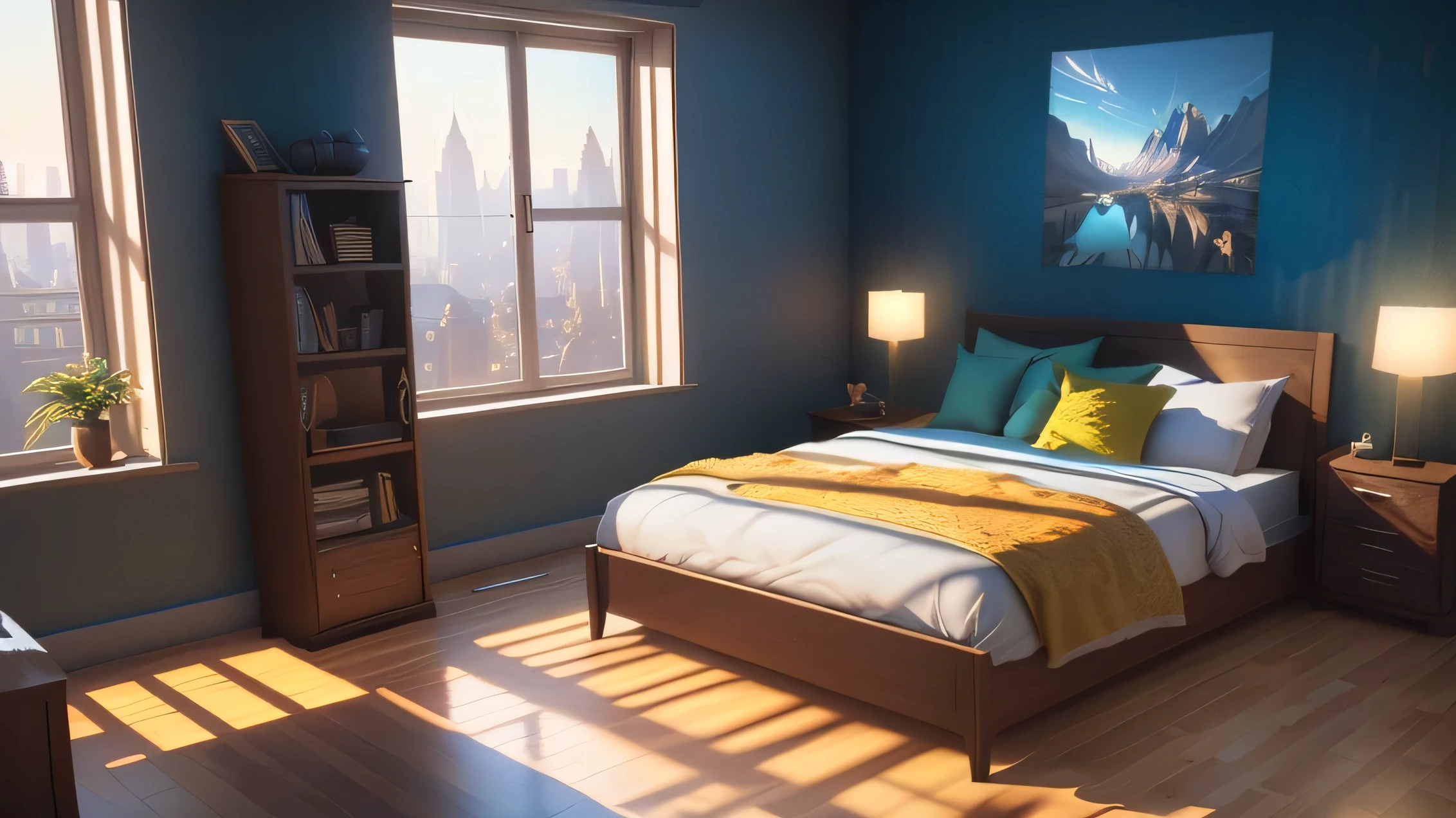 (Game Concept Art Design: 1.1), (Isometric 3D), (masterpiece), (Highly detailed CG Unity 8k wallpaper), (Highest quality), (Best illustrations), (Best Shadow), Isometric art, Apartment bedroom at night with floor-to-ceiling windows, Bed by the window, Night view outside the window, bedroom sofa, Tea table, doll, Ray Tracing, Super detailed, figure, Unreal Engine, Art Station, Unreal 5, Daz, Surrealism, Octane Rendering, High Quality Shadows,