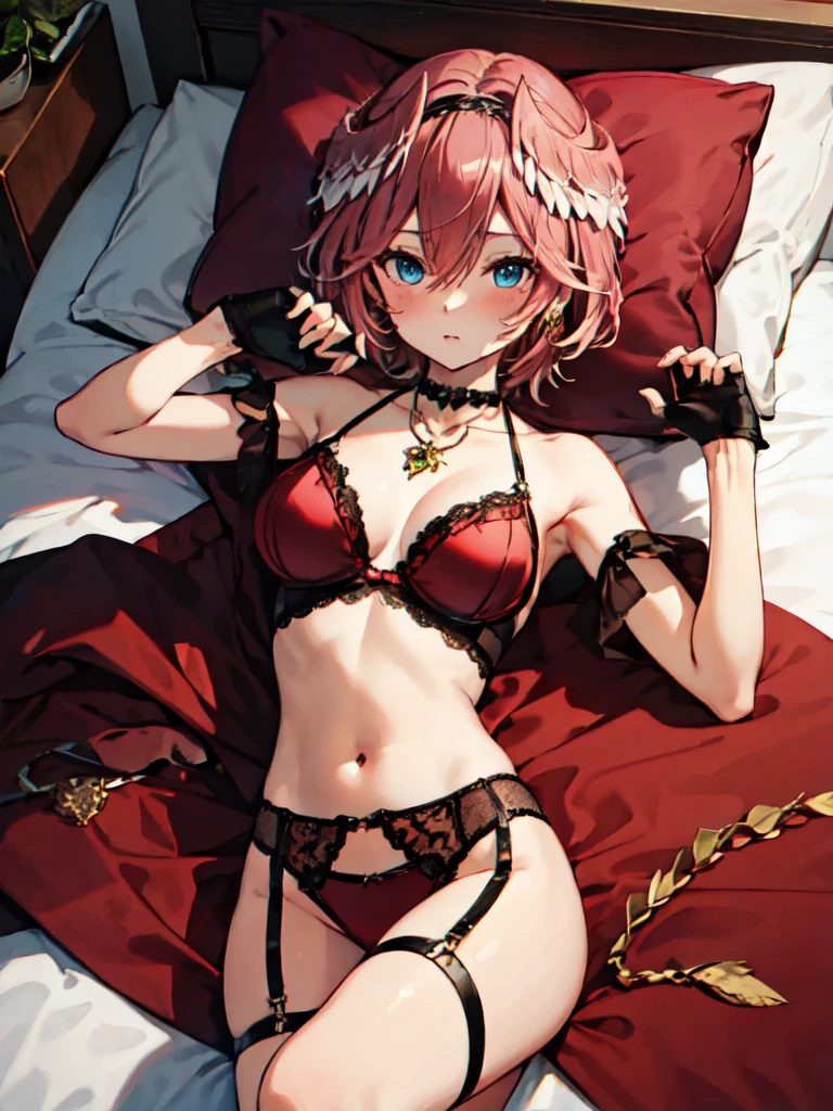 (masterpiece: 1.3),(Highest quality:1.3),(Fine grain:1.2), 独奏,Detailed Hair, (Hair Shadow),Blurred,(blue eyes),Red Hair、Pink Hair, Messy Hair,short hair、dakimakura, young, chest, chestの谷間, Thin legs, Slim waist, Dreaming Girls, 😯, Highest quality, masterpiece, Red stocking thighs, panties, belly button, Red sheer lingerie, blush, jewelry dress , rui takane,jewelry necklace , jewelry Earrings, whole body, garter belt, Earrings, medium chest, chestの谷間, jewelry, Thin legs, Slim waist, Lying in bed, Red bed, Red sheets, Sleeping on your back, belly button, head band, Red Elbow Gloves, Look at the owner, Arms stretched out, Good luck, Raise the hand, Fingerless, Long red gloves, so beautiful, Beautiful body