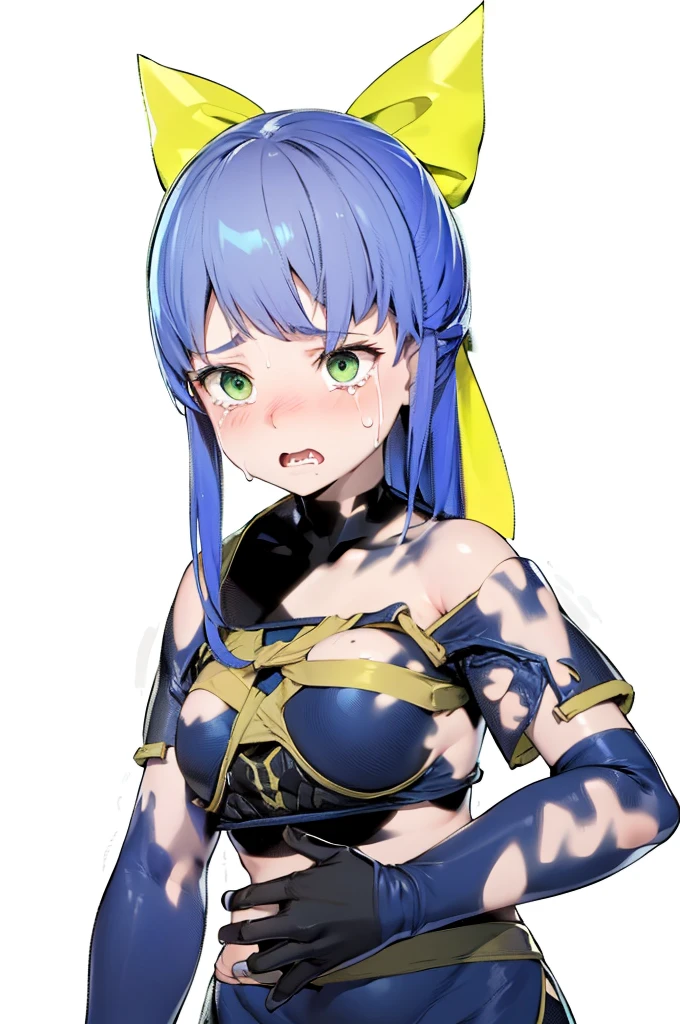 beautiful girl,,Scared,painful,cry,stomach ache,Green Eyes,Blue Hair,Yellow ribbon,Torn clothes,4K,8K,Highest quality