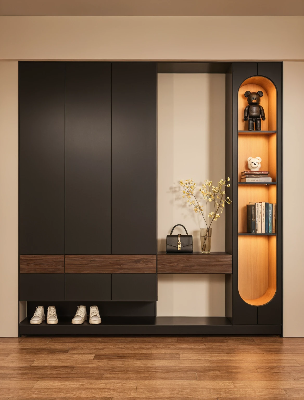 Raw photo,Masterpiece, high quality, best quality, authentic, super detail, interior, shoes Cabinet style modern luxury , sunset, daylight, shoe cabinets, decorative cabinets, flower vases, decorations, books, wooden floor, handbags, shoes, bearbrick, (black tones)
