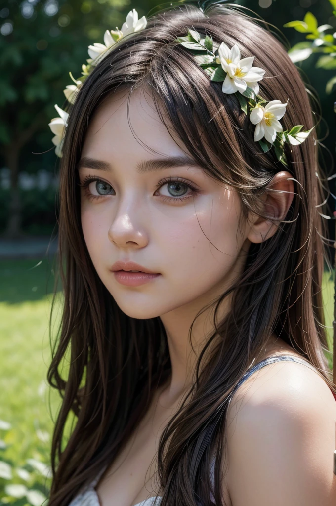 A girl in a garden, beautiful detailed eyes, beautiful detailed lips, extremely detailed eyes and face, long eyelashes, girl with long wavy hair, elegant flowing dress, sunlight, lush green foliage, ornamental flowers, serene atmosphere, (best quality, 4k, 8k, highres, masterpiece:1.2), ultra-detailed, (realistic, photorealistic, photo-realistic:1.37), HDR, UHD, studio lighting, ultra-fine painting, sharp focus, physically-based rendering, extreme detail description, professional, vivid colors, bokeh, portrait, natural lighting