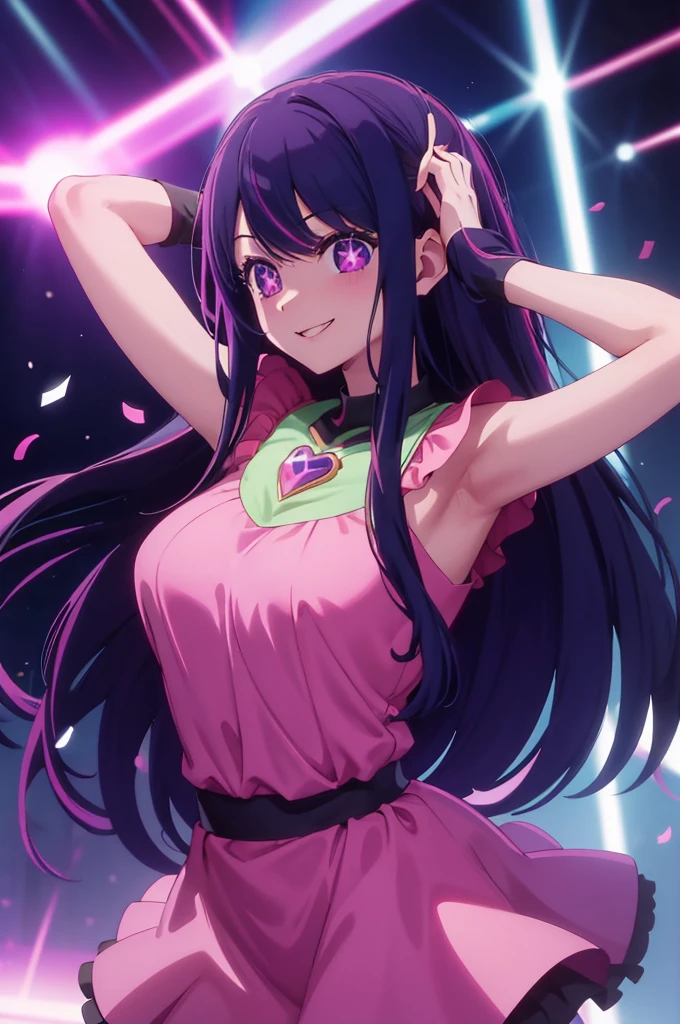 (masterpiece:1.3), (best quality:1.1), (8k, ultra detailed, ultra high res:1.2), ((anime style)), perfect 5 fingers, perfect anatomy, 
1girl,
Hoshino Ai,  
BREAK long hair, 
black hair,  
(purple eyes:1.2), star-shaped pupils, 
(medium breasts:0.9),  
BREAK idol costume, pink costume, (smile:1.2), 
looking at viewer, 
cowboy shot, dynamic pose, arms behind head, 
indoor, (idol concert, spotlight, colorful lights, confetti:1.1), 
