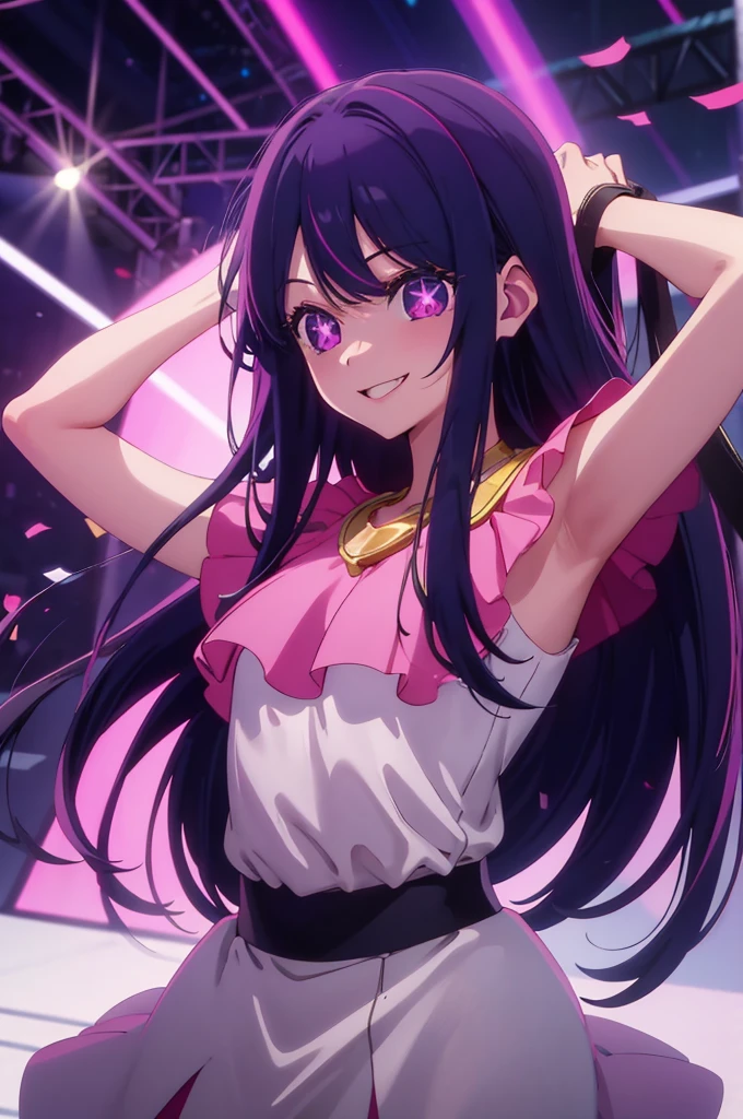 (masterpiece:1.3), (best quality:1.1), (8k, ultra detailed, ultra high res:1.2), ((anime style)), perfect 5 fingers, perfect anatomy,
1girl,
Hoshino Ai,
BREAK long hair,
black hair,
(purple eyes:1.2), star-shaped pupils,
(medium breasts:0.9),
BREAK idol costume, pink costume, (smile:1.2),
looking at viewer,
cowboy shot, dynamic pose, arms behind head,
indoor, (idol concert, spotlight, colorful lights, confetti:1.1),