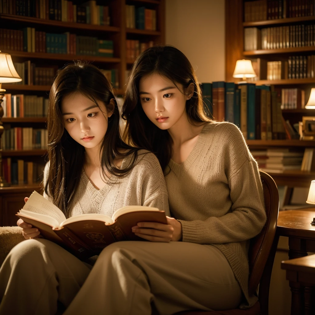 girl in , beautiful detailed face, slightly smiling, sitting with man, reading books together in library at night, intricate details, photorealistic, cinematic lighting, warm color tones, highly detailed