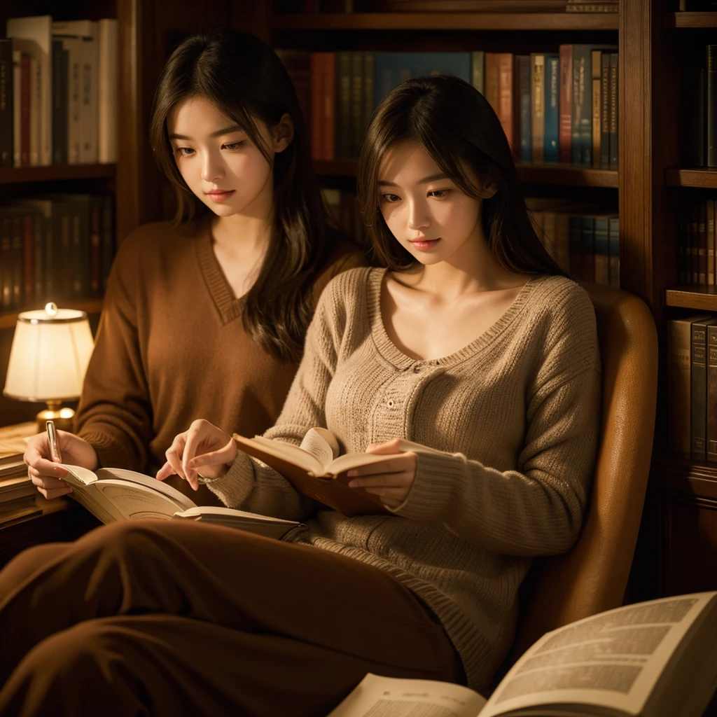 girl in , beautiful detailed face, slightly smiling, sitting with man, reading books together in library at night, intricate details, photorealistic, cinematic lighting, warm color tones, highly detailed