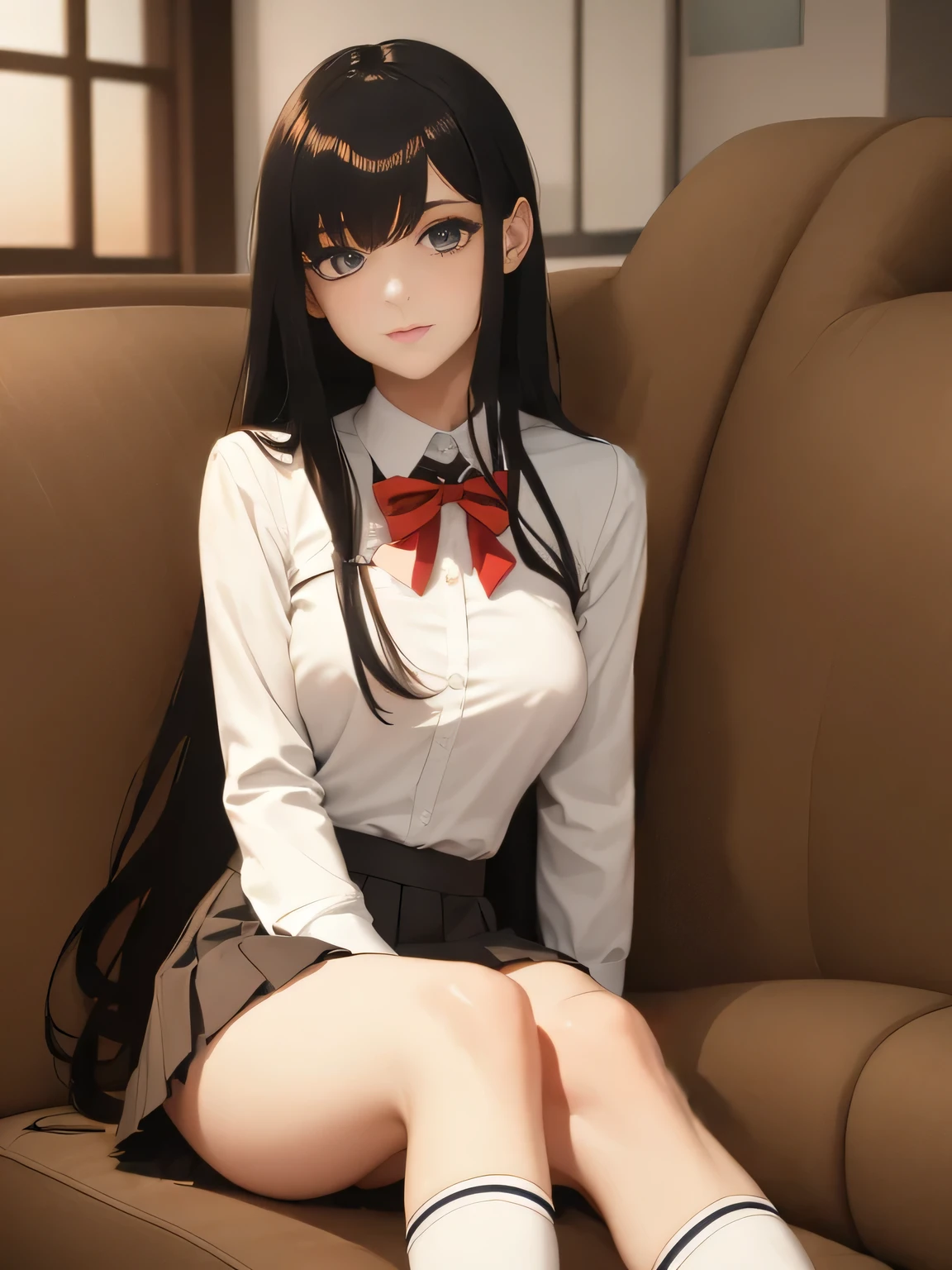 (1girl:1.3), Masterpiece, Best quality, amazing beauty, 4K, absurdres, finely detail, super detailed eye, perfect anatomy, official art, cinematic lighting, BREAK, Library, silky long hair, hime cut, black hair, super shiny detailed black eye, big eyes, shy face, BREAK , usually, medium, white skin, shiny skin, sitting chair, spoken heart, BREAK , (school uniform:1.2), (Shirt:1.2), (Pleated skirt:1.2), (knee-high socks:1.2), (loafers:1.2), BREAK,()