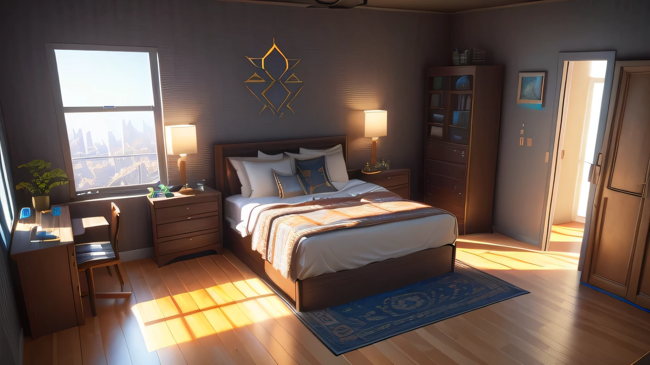 (Game Concept Art Design: 1.1), (Isometric 3D), (masterpiece), (Highly detailed CG Unity 8k wallpaper), (Highest quality), (Best illustrations), (Best Shadow), Isometric art, Apartment bedroom at night with floor-to-ceiling windows, Bed by the window, Night view outside the window, bedroom sofa, Tea table, doll, Ray Tracing, Super detailed, figure, Unreal Engine, Art Station, Unreal 5, Daz, Surrealism, Octane Rendering, High Quality Shadows,