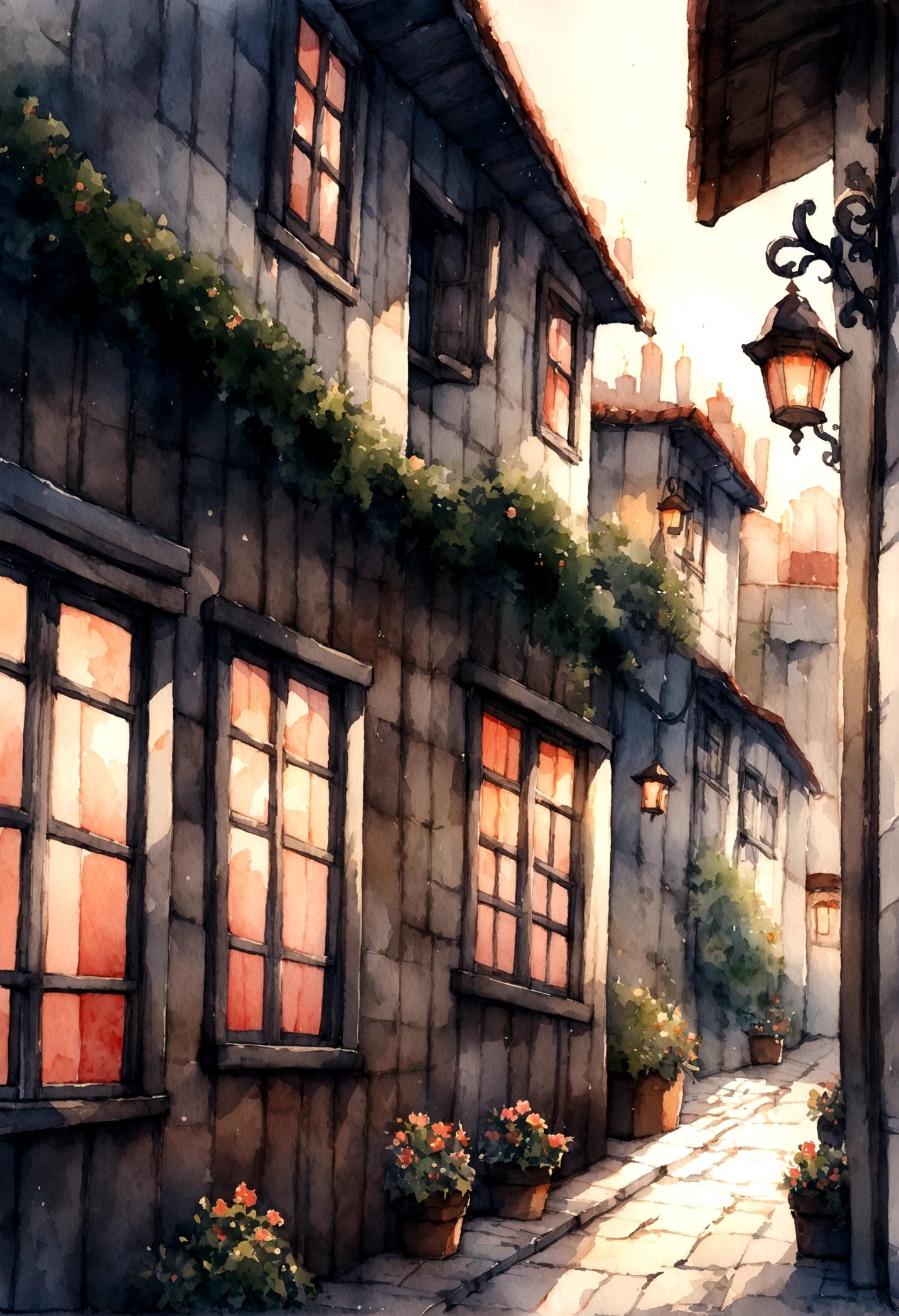 candles in the windows of one-story houses, Street, watercolor