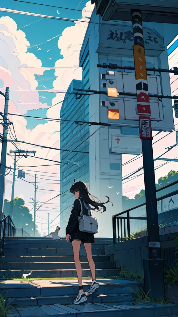 masterpiece, Exquisite detail,Highest quality, One girl, alone, handrail, cloud, Standing in the city,Long Hair, shoes, zero, Long sleeve, sneakers, Power lines, White footwear, Black Hair, View your viewers, Electric pole, bangs, cloudy zero, fish, bird, Green Eyes, Shorts, animal, Day, Black Shirt, barefoot,train,Railroad crossing,空を飛ぶ鯨