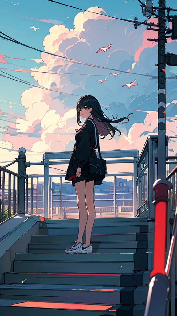 masterpiece, Exquisite detail,Highest quality, One girl, alone, handrail, cloud, Standing in the city,Long Hair, shoes, zero, Long sleeve, sneakers, Power lines, White footwear, Black Hair, View your viewers, Electric pole, bangs, cloudy zero, fish, bird, Green Eyes, Shorts, animal, Day, Black Shirt, barefoot,train,Railroad crossing,空を飛ぶ鯨