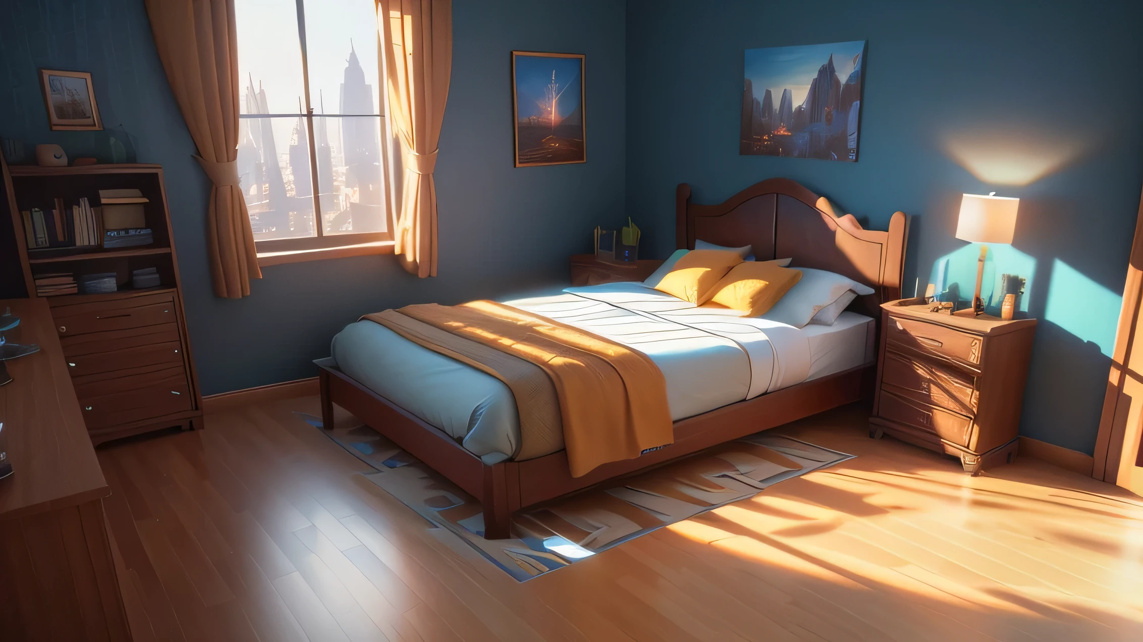 (Game Concept Art Design: 1.1), (Isometric 3D), (masterpiece), (Highly detailed CG Unity 8k wallpaper), (Highest quality), (Best illustrations), (Best Shadow), Isometric art, Apartment bedroom at night with floor-to-ceiling windows, Bed by the window, Night view outside the window, bedroom sofa, Tea table, doll, Ray Tracing, Super detailed, figure, Unreal Engine, Art Station, Unreal 5, Daz, Surrealism, Octane Rendering, High Quality Shadows,