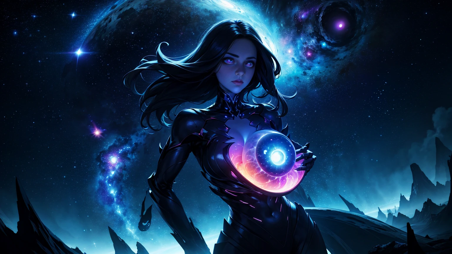 "cosmic entity": a woman with four glowing eyes, several arms, A stunning view from space reveals a distorted galaxy full of strange life forms and entities that humans understand. Planet with night sky, fissure, Leviathan, 8K, comely, dramatic scene, breasts big