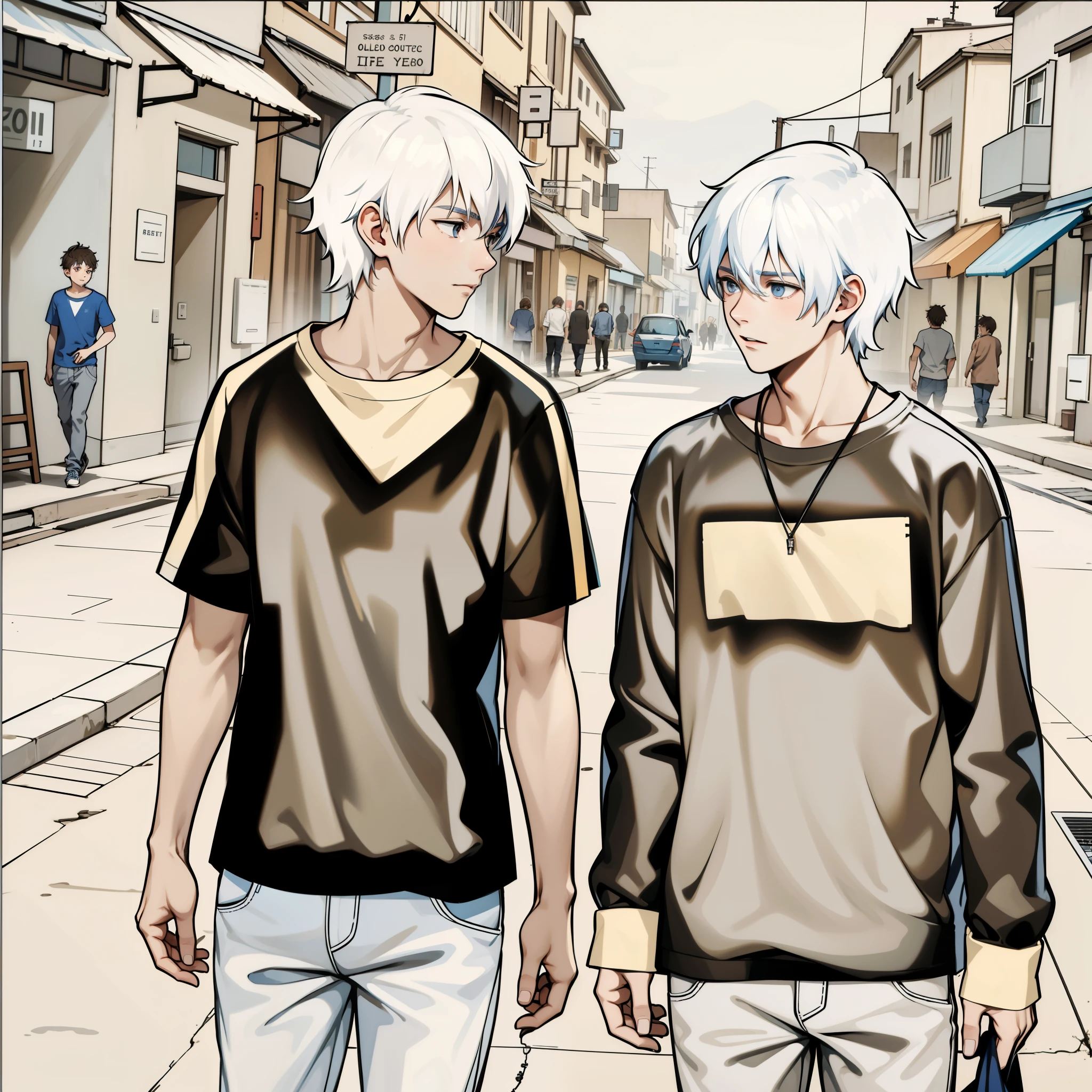There are two boys with blue-gray hair and the other with brown hair. They are with white shirts.