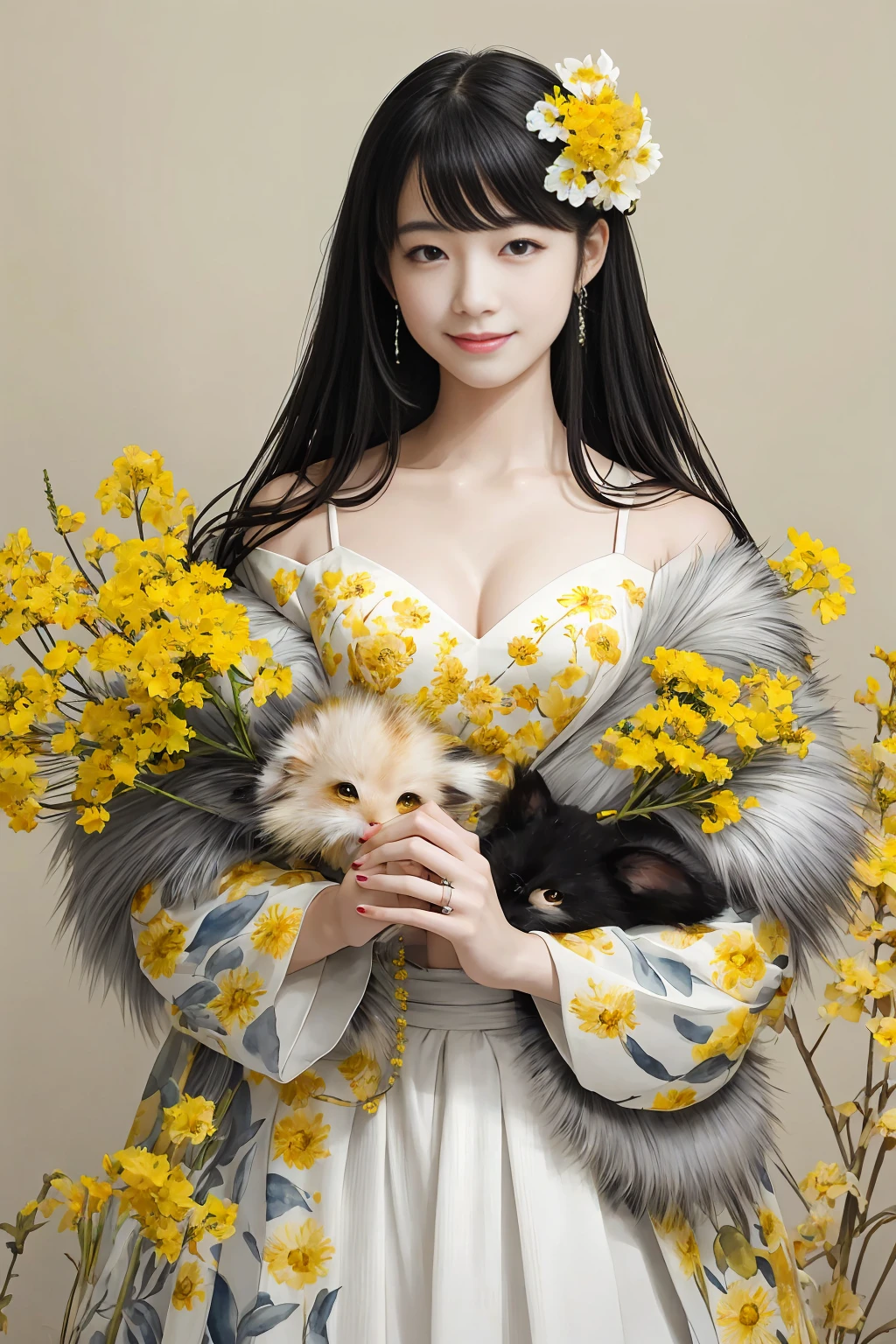 monochrome, watercolor, highres, top quality, best quality, paid reward available, High-quality illustrations, unparalleled masterpiece, perfect artwork, absurdres, 1girl, kemono, furry, detailed body fur, animal face, animal hand, Archaic Smile, holding a cluster of yellow flower in both hands, which are positioned at chest level, She is wearing a simple ring on the ring finger of her left hand, unfocused spread of yellow flower, fan-created work shared on platforms Pixiv or Twitter,