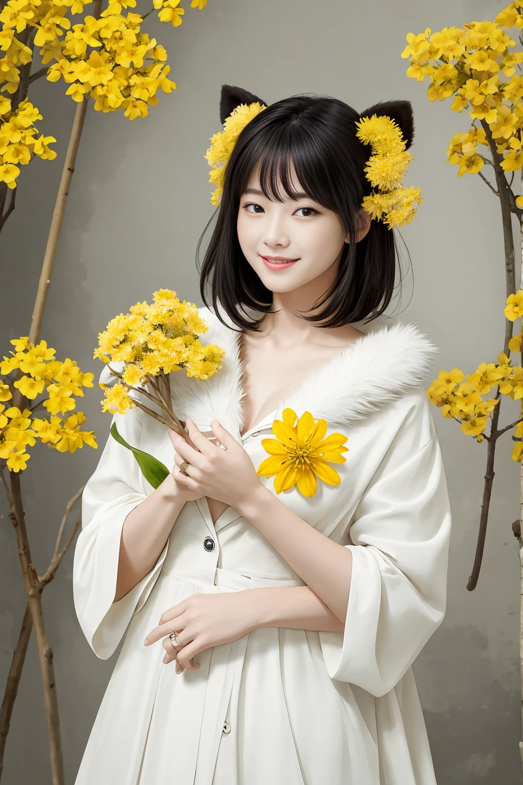monochrome, watercolor, highres, top quality, best quality, paid reward available, High-quality illustrations, unparalleled masterpiece, perfect artwork, absurdres, 1girl, kemono, furry, detailed body fur, animal face, animal hand, Archaic Smile, holding a cluster of yellow flower in both hands, which are positioned at chest level, She is wearing a simple ring on the ring finger of her left hand, unfocused spread of yellow flower, fan-created work shared on platforms Pixiv or Twitter,