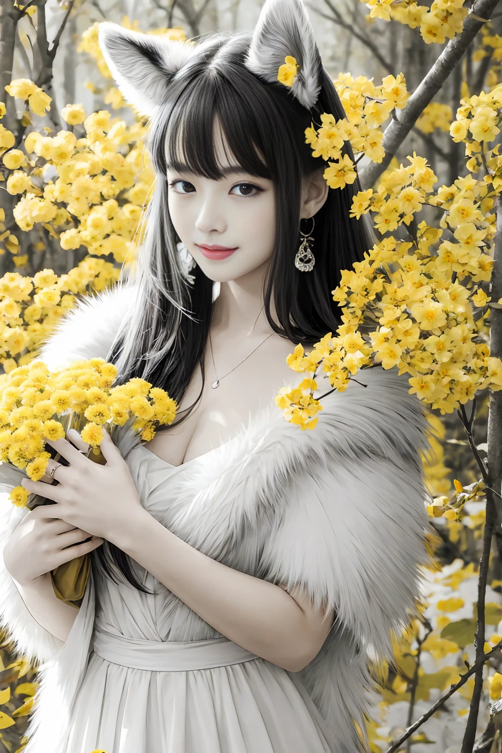monochrome, watercolor, highres, top quality, best quality, paid reward available, High-quality illustrations, unparalleled masterpiece, perfect artwork, absurdres, 1girl, kemono, furry, detailed body fur, animal face, animal hand, Archaic Smile, holding a cluster of yellow flower in both hands, which are positioned at chest level, She is wearing a simple ring on the ring finger of her left hand, unfocused spread of yellow flower, fan-created work shared on platforms Pixiv or Twitter,