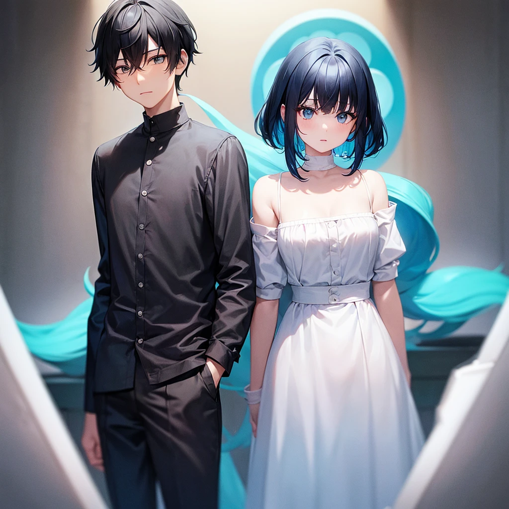 1 boy, black hair, 1 girl, cyan hair