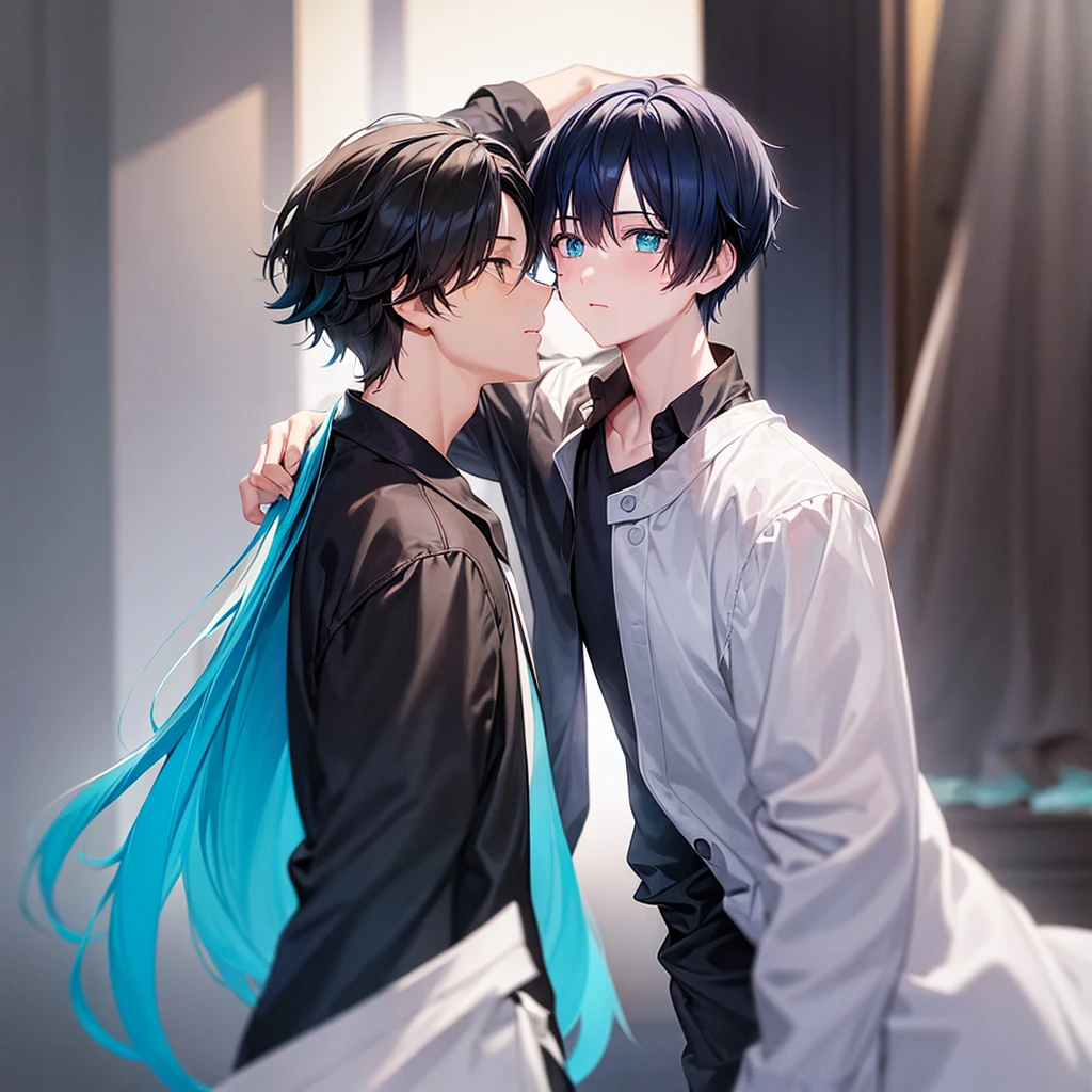 1 boy, black hair, 1 girl, cyan hair