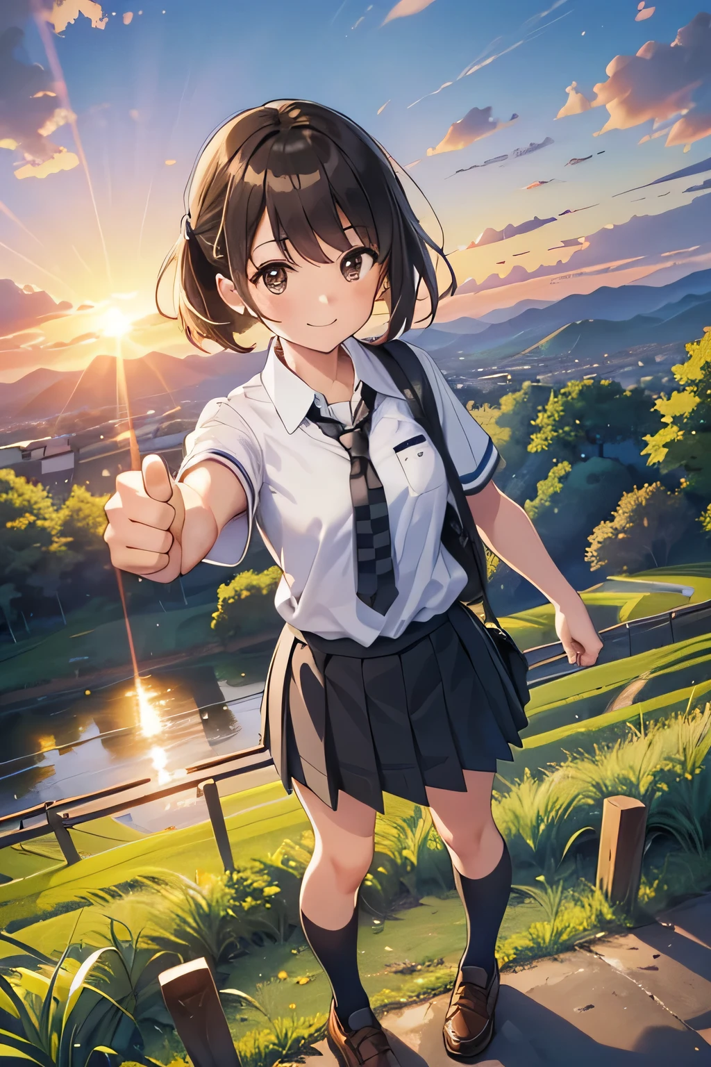 ((Highest quality, 4K, masterpiece: 1.3)), ((High Resolution)),((It's wonderful)),((Japan countryside:1.2)),((Japan countryside:1.2)),((Japan countryside:1.2)),((Japan countryside:1.2)),((Japanese mountain trails and rice terraces:1.2)),((Standing at the bus stop:1.2)),((Standing at the bus stop:1.2)),(Do not split frames),(Do not split),(Do not split),(sunset:1.2),(sunset:1.2),(sunset:1.2),(sunset:1.2),(One woman:1.8),(One woman:1.8),(One woman:1.8),(One woman:1.8),(One woman:1.8),((dutch angle shot:1.2)),((dutch angle shot:1.2)),((medium wide shot:1.2)),((medium wide shot:1.2)),((medium wide shot:1.2)),((upper body shot:1.2)),((upper body shot:1.2)),((upper body shot:1.2)),((upper body shot:1.2)),((shoot from above:1.2)),((shoot from above:1.2)),((school uniform, short sleeve shirt:1.2)),((school uniform, short sleeve shirt:1.2)),((school uniform, short sleeve shirt:1.2)),(tie:1.4),(tie:1.4),(tie:1.4),((Fluttering checkered skirt:1.2)),((Fluttering checkered skirt:1.2)),((Fluttering checkered skirt:1.2)),((Black ankle socks:1.3)),((Black ankle socks:1.3)),((Black ankle socks:1.3)),((Trekking shoes:1.2)),(School Bags),(School Bags),(School Bags),(School Bags),((Stand with your feet shoulder-width apart and your knees slightly bent:1.2)),((Stand with your feet shoulder-width apart and your knees slightly bent:1.2)),((Stand with your feet shoulder-width apart and your knees slightly bent:1.2)),((Stand with your feet shoulder-width apart and your knees slightly bent:1.2)),((Stand with your feet shoulder-width apart and your knees slightly bent:1.2)),((face focus:1.4)),((face focus:1.4)),((face focus:1.4)),((face focus:1.4)),((model posing:1.2)),((model posing:1.2)),((model posing:1.2)),((model posing:1.2)),((model posing:1.2)),((model posing:1.2)),(A cool expression in the wind:1.2),(A cool expression in the wind:1.2),(A cool expression in the wind:1.2),((A big smile:1.2)),((A big smile:1.2)),((fist bump:1.4)),((fist bump:1.4)),((fist bump:1.4)),(shoot from side),((Light brown eyes:1.2)),((Light brown eyes:1.2)),((Beautiful highlighted eyes)),((Light brown eyes:1.2)),((Light brown eyes:1.2)),((Beautiful highlighted eyes)),((Light brown eyes:1.2)),((Beautiful highlighted eyes)),((Light brown eyes:1.2)),((Shiny black hair:1.4)),((Shiny black hair:1.4)),((Shiny black hair:1.4)),((Fluffy short bob:1.2)),((Fluffy short bob:1.2)),((Fluffy short bob:1.2)),((Fluffy short bob:1.2)),((Parted bangs)),((Parted bangs)),(Beautiful breasts),Japanese women, 14 years old gravure photo, High Contrast, Aperture F3.2, Focal length 100mm, (((peace sign))),wakame, wakame, wakame, wakame, wakame, wakame, wakame, wakame, wakame, wakame, wakame, wakame, wakame, wakame, wakame, wakame, wakame, wakame, wakame, wakame, wakame, wakame, wakame, wakame, wakame 

