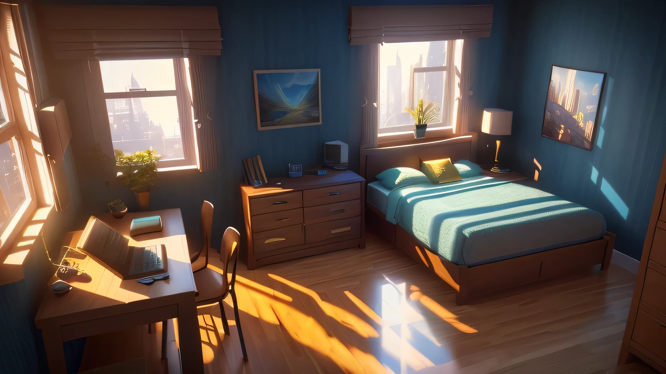 (Game Concept Art Design: 1.1), (Isometric 3D), (masterpiece), (Highly detailed CG Unity 8k wallpaper), (Highest quality), (Best illustrations), (Best Shadow), Isometric art, Apartment bedroom at night with floor-to-ceiling windows, Bed by the window, Night view outside the window, bedroom sofa, Tea table, doll, Ray Tracing, Super detailed, figure, Unreal Engine, Art Station, Unreal 5, Daz, Surrealism, Octane Rendering, High Quality Shadows,