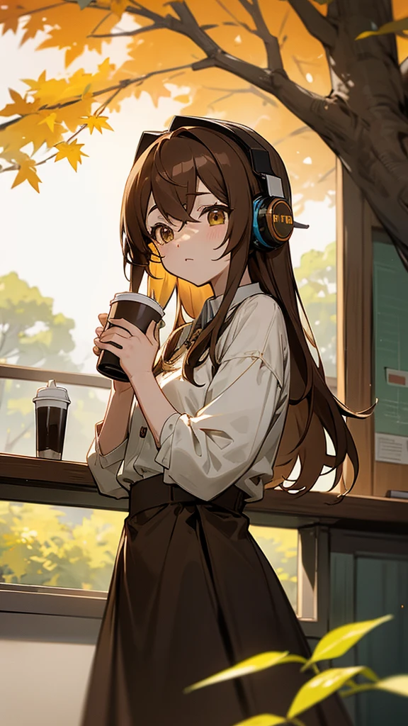 Anime-style characters standing at the cafe counter、I have a coffee cup。She has brown hair and、wearing headphones。The white blouse has ruffle details。Outside the window is a tree with yellow leaves々I can see、There is an autumn atmosphere。